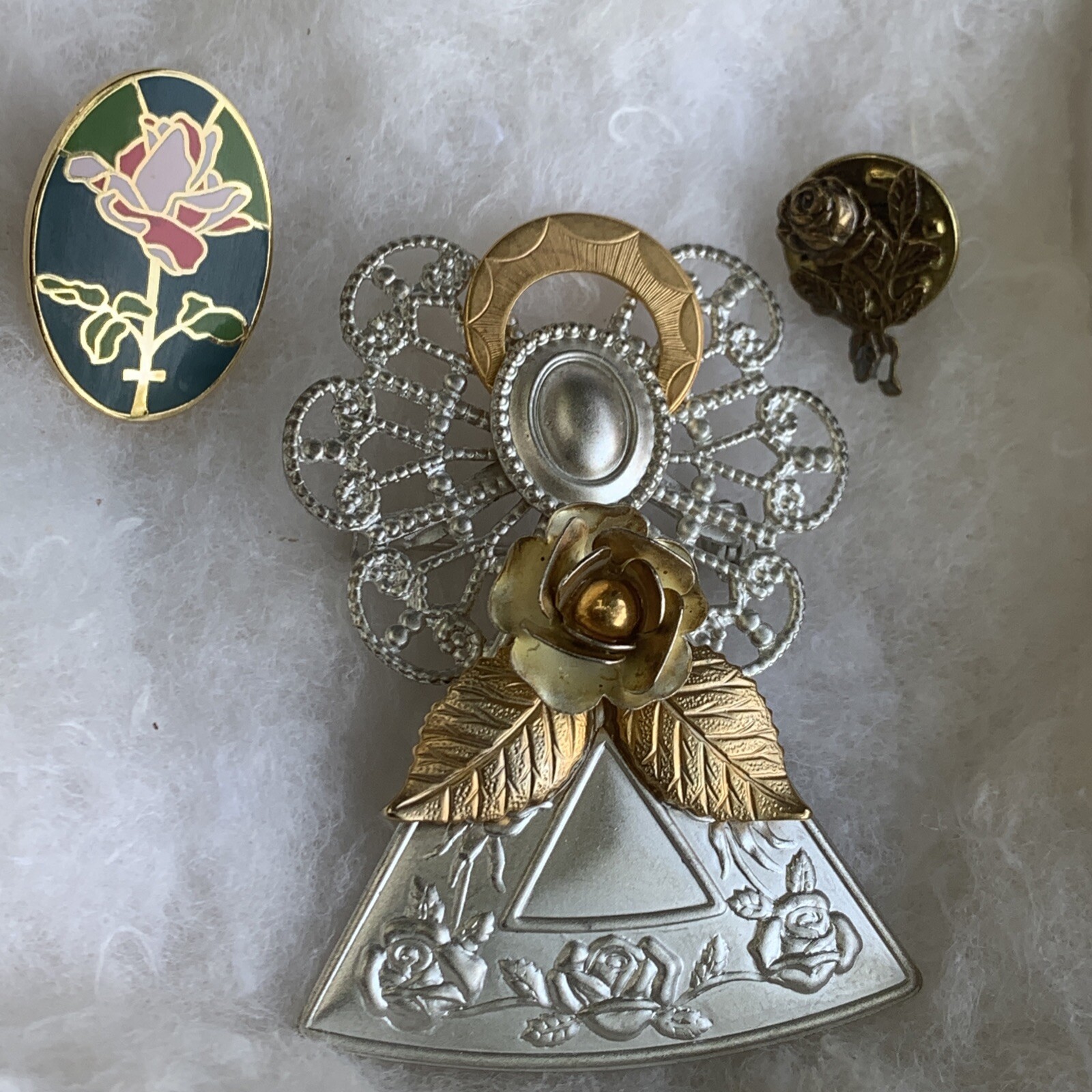 UNIQUE Aluminum Metal & Gold ANGEL & ROSE Valley Castings Cloisonne SET 3❤️sj3j5