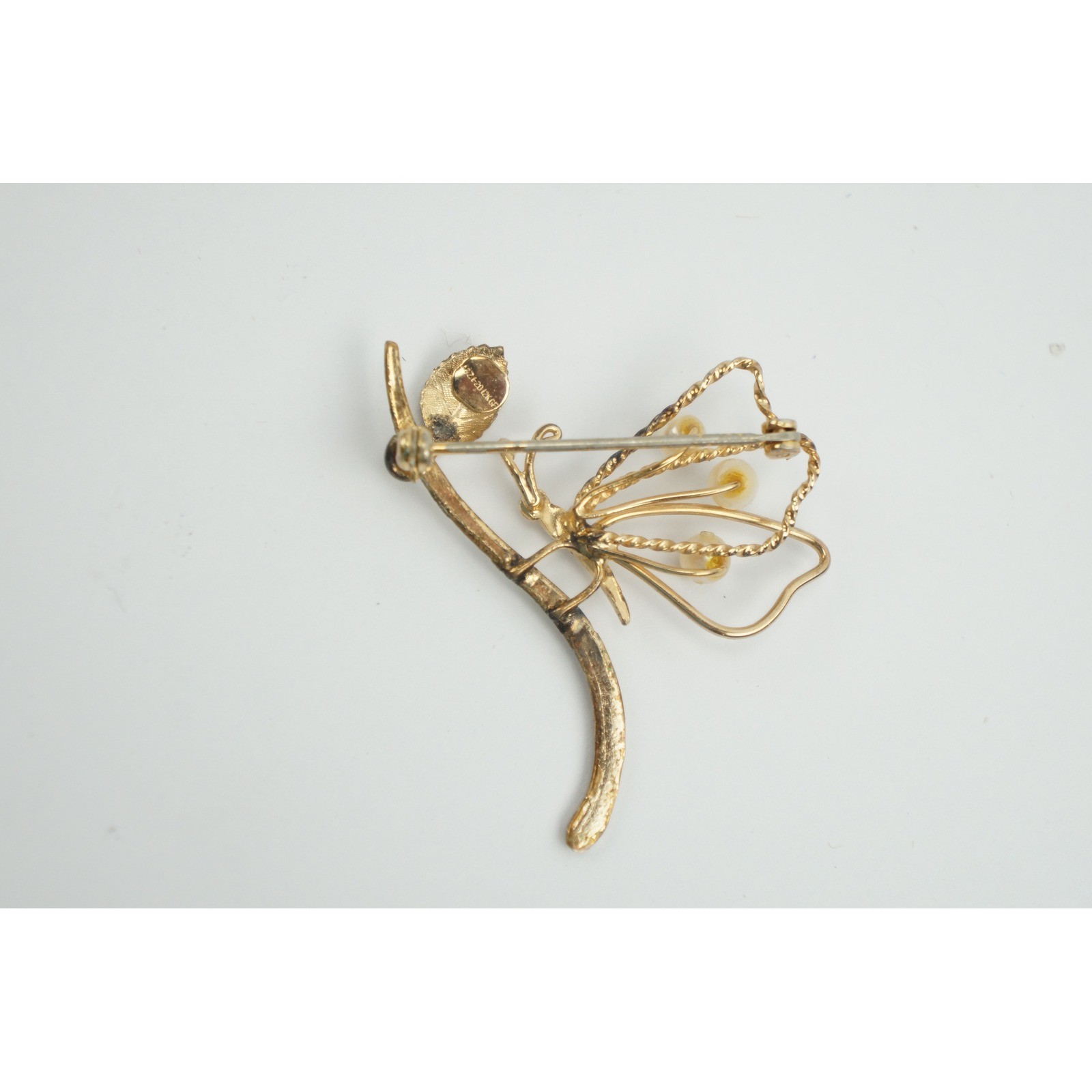 A&Z Brooch Butterfly Branch 12K Gold Filled Faux Pearl Vintage Good