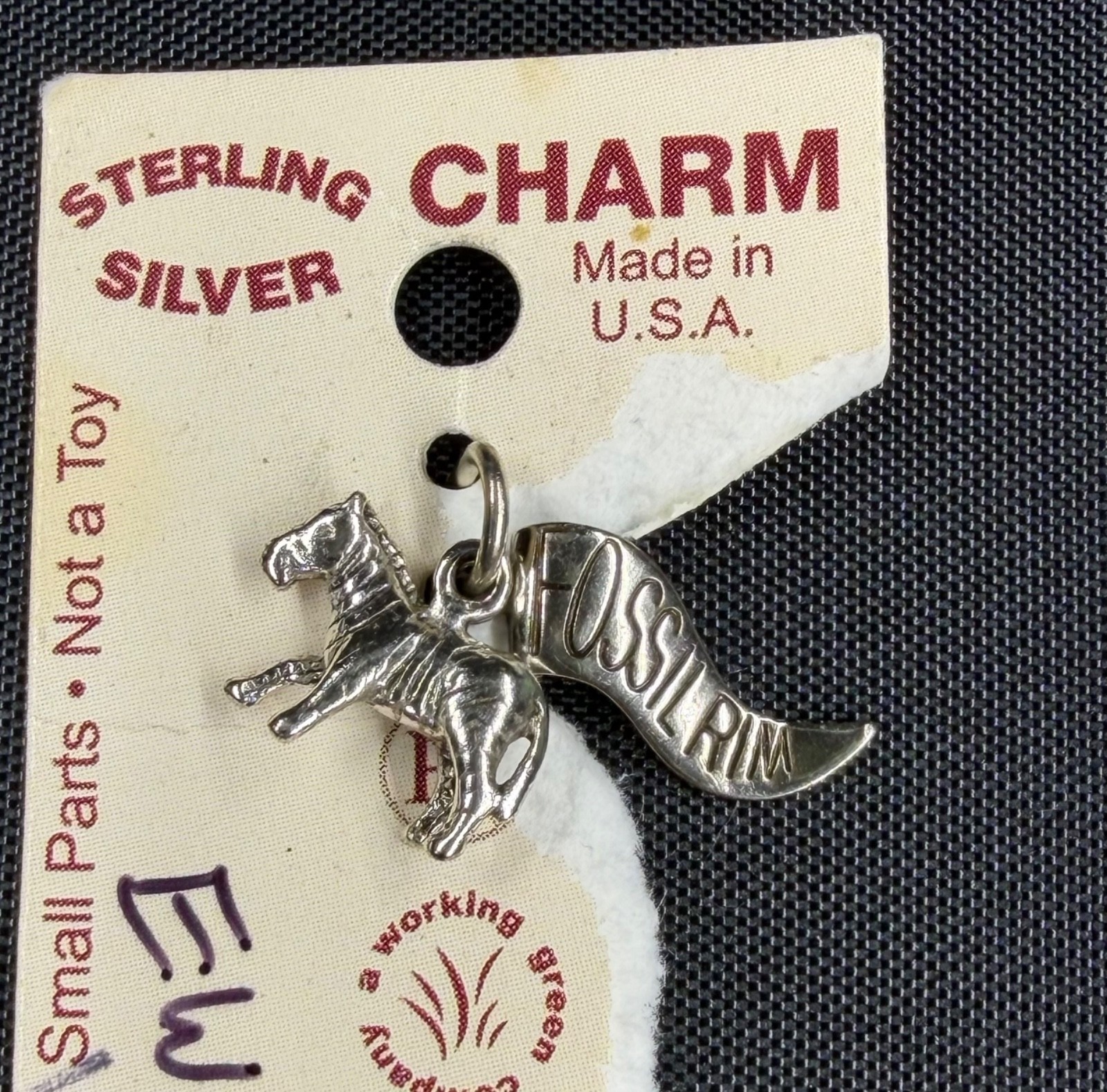 Vintage Sterling Silver Fossil Rim Museum Miniature Zebra Charm Pendant 1.53 g.