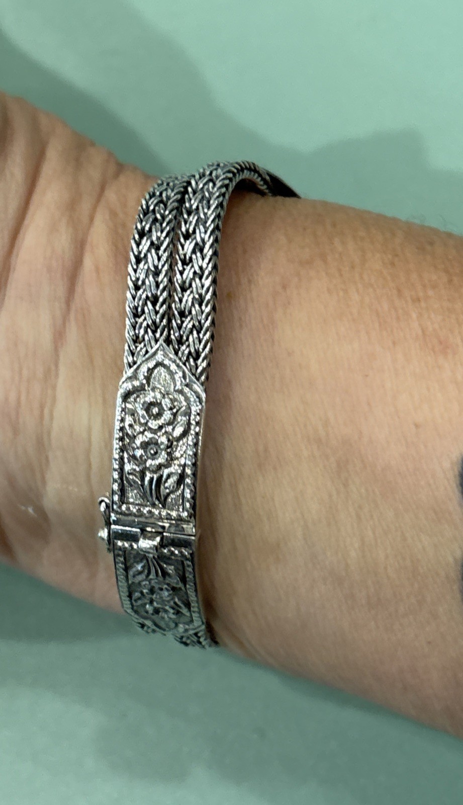 Sterling Silver Floral Double Wheat Braided Thailand Bracelet 42g Vintage 925