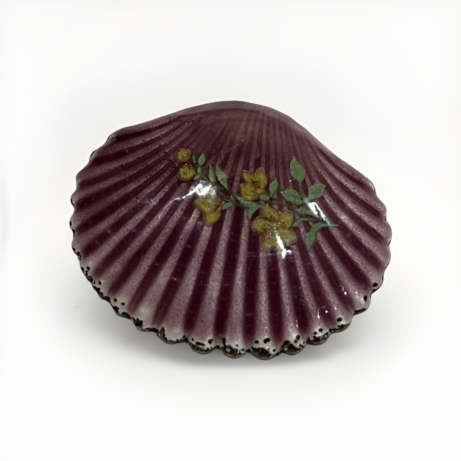 Vintage Enameled Sea Shell Brooch Pin Pretty Floral Bouquet On Purple Enamel