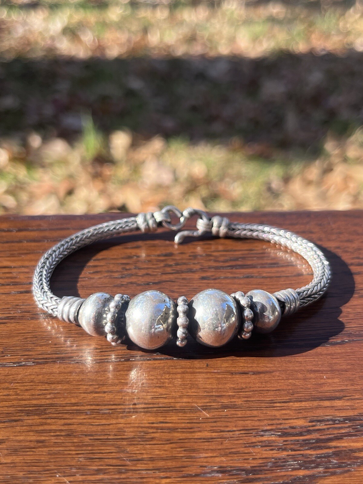 Vintage Sterling Silver Wheat Link Beaded Bracelet