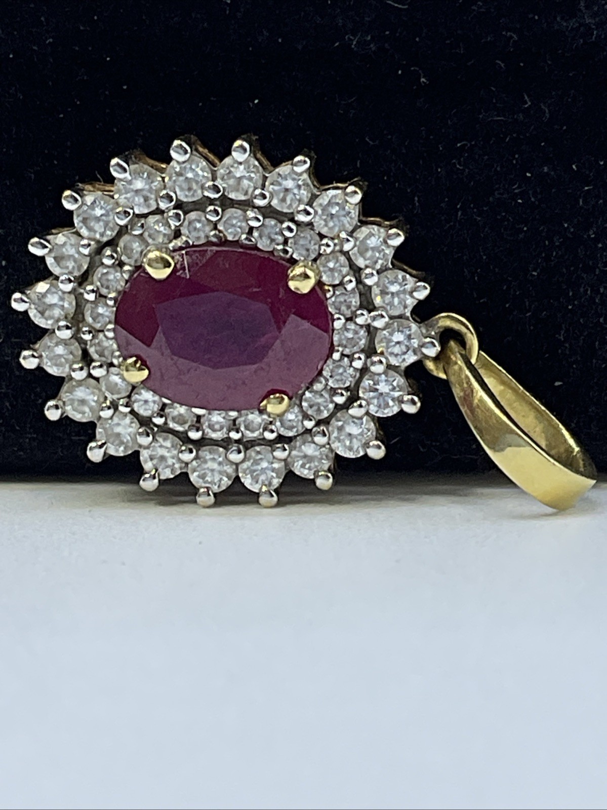 VINTAGE HANDMADE Solid 18K(750) Y.Gold Ruby & Diamonds DOUBLE HALO Style Pendant