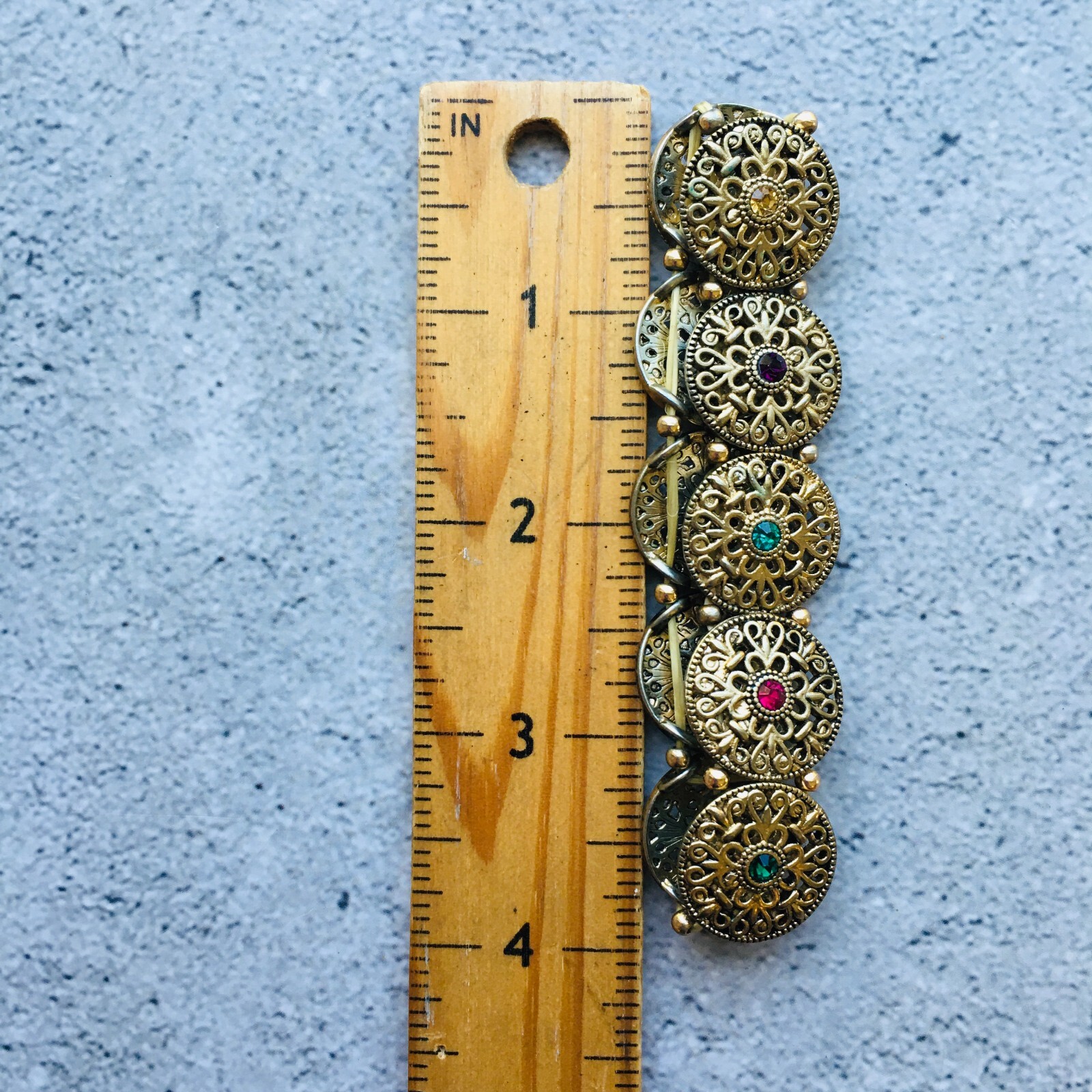 Gold Tone Filigree Multi Colored Rhinestone Expanding Bracelet 4″