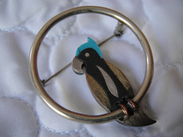 Vtg Taxco Sterling 925 AC Piedra Negra Tono Turquoise, brass Inlay bird Brooch