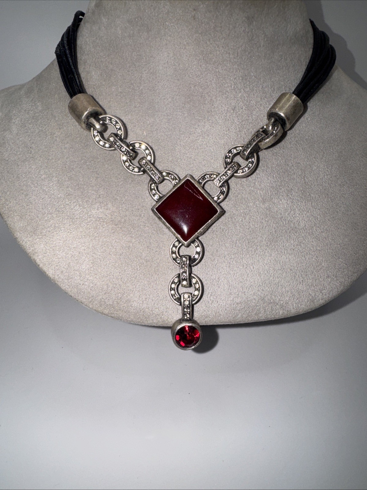 Vintage Silver Tone, Leather Rhinestone, Carnellon Colored Necklace