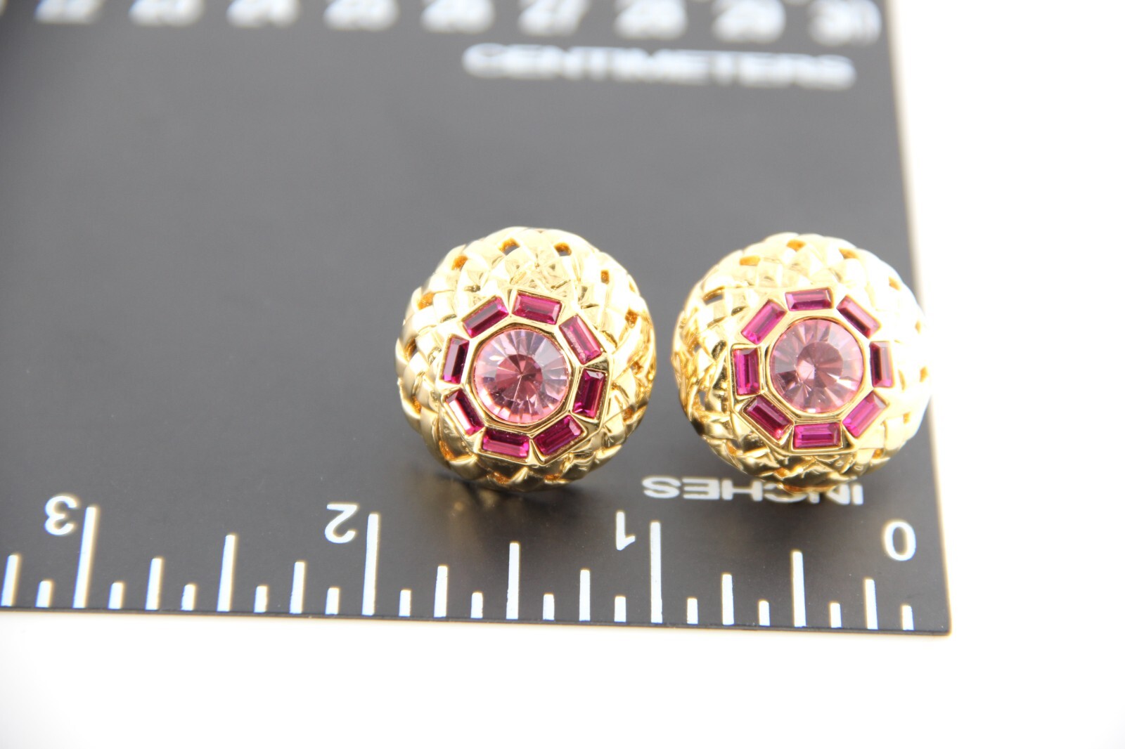 Nolan Miller Gold Tone Pink Crystals Clip Earrings Adjustable Tension, High End