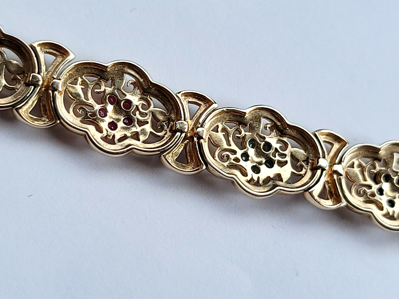 Sterling Ruby Sapphire Emerald Diamond Floral Link Bracelet 7 1/2″ 925 Gold Pltd