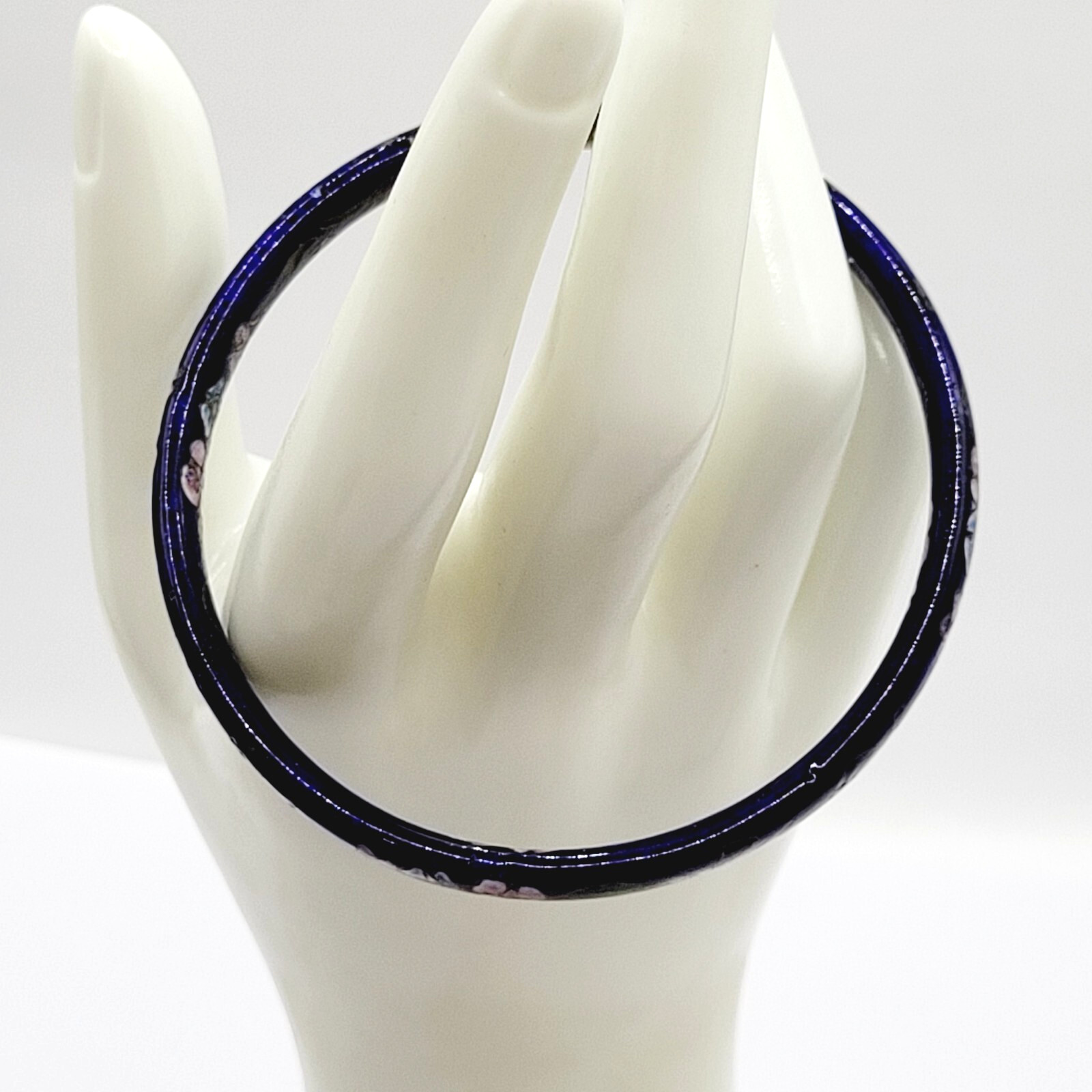 Cloisonné Asian Inspired Dark Cobalt Blue Floral Hand Painted Bangle Bracelet
