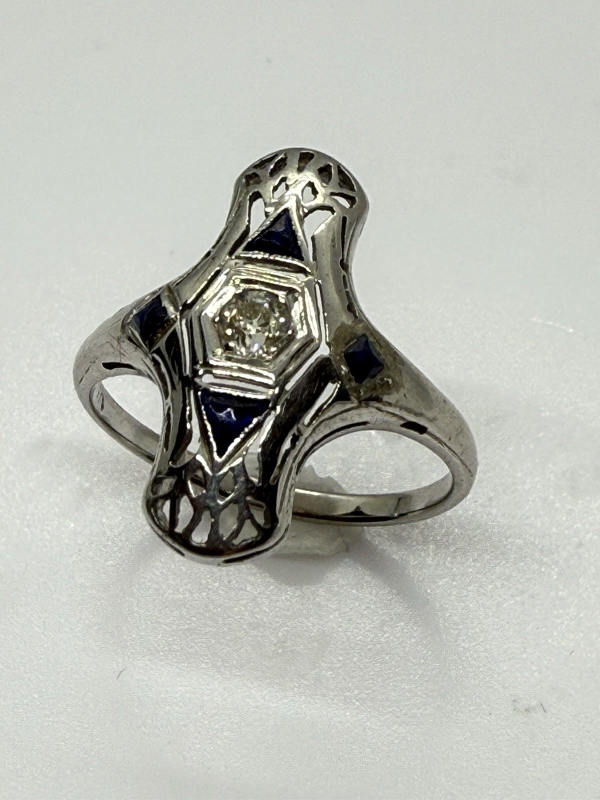 Art Deco Antique 18K White Gold Handmade Filigree Lozenge Diamond Ring 1920s 6.5