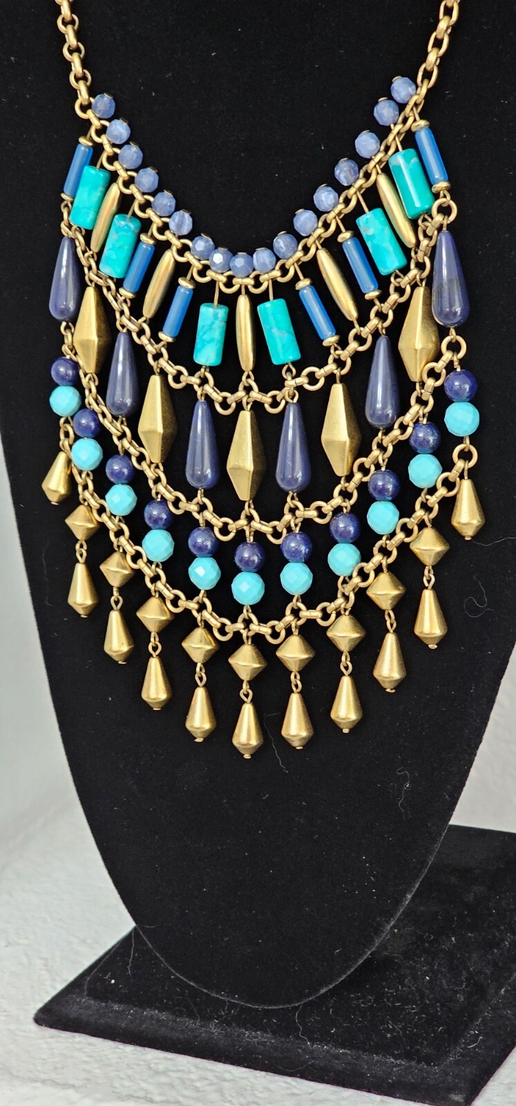 STELLA & DOT necklace gold tone chain gold black aqua stones & beads 14”