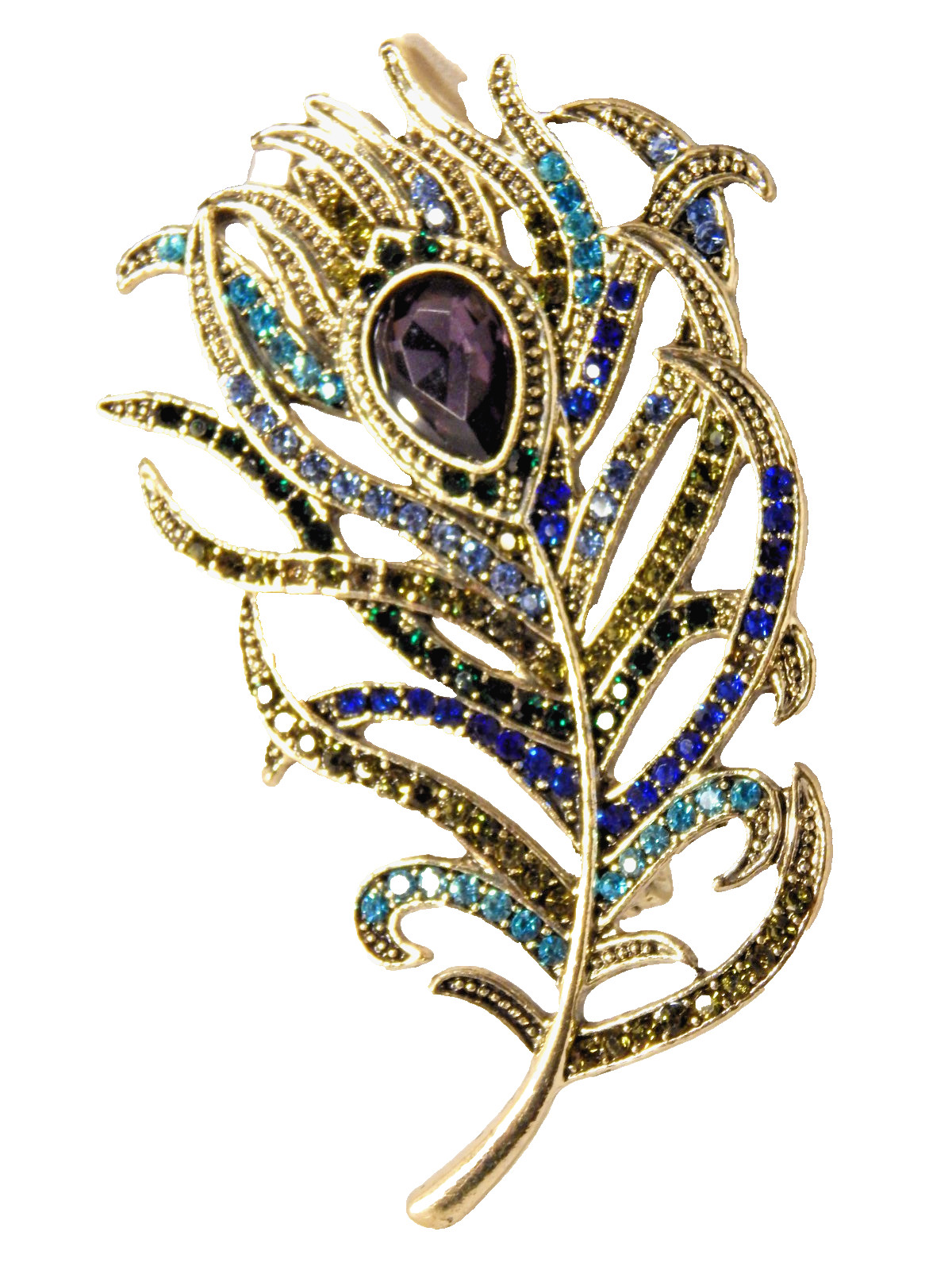 Vintage Style Peacock Feather Purple & Blue Rhinestone Brooch Pin NWOT gold tone