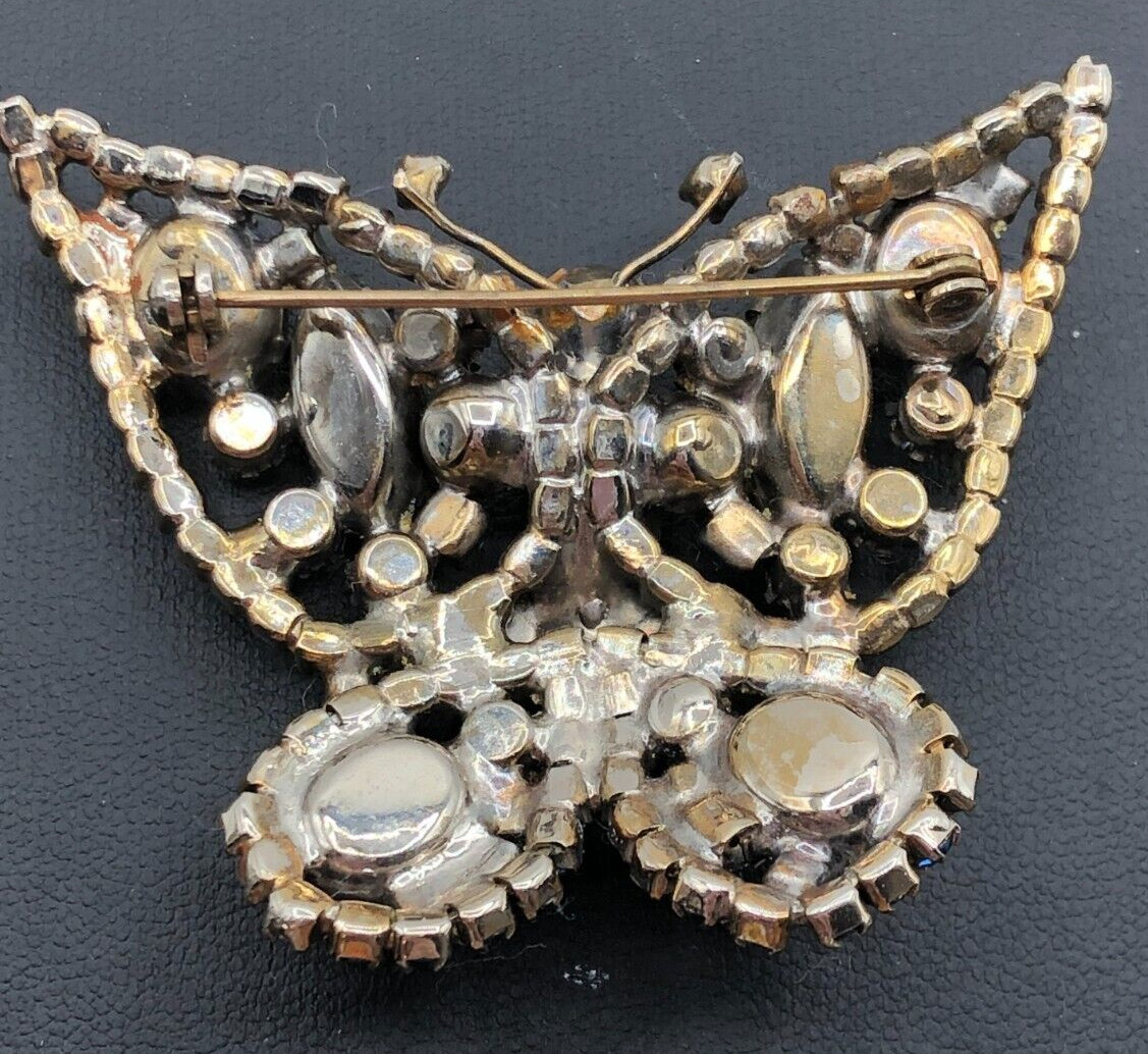 VTG Butterfly Brooch Blue & Glitter Rhinestones Estate ~AS IS~ Carnegie? Weiss??