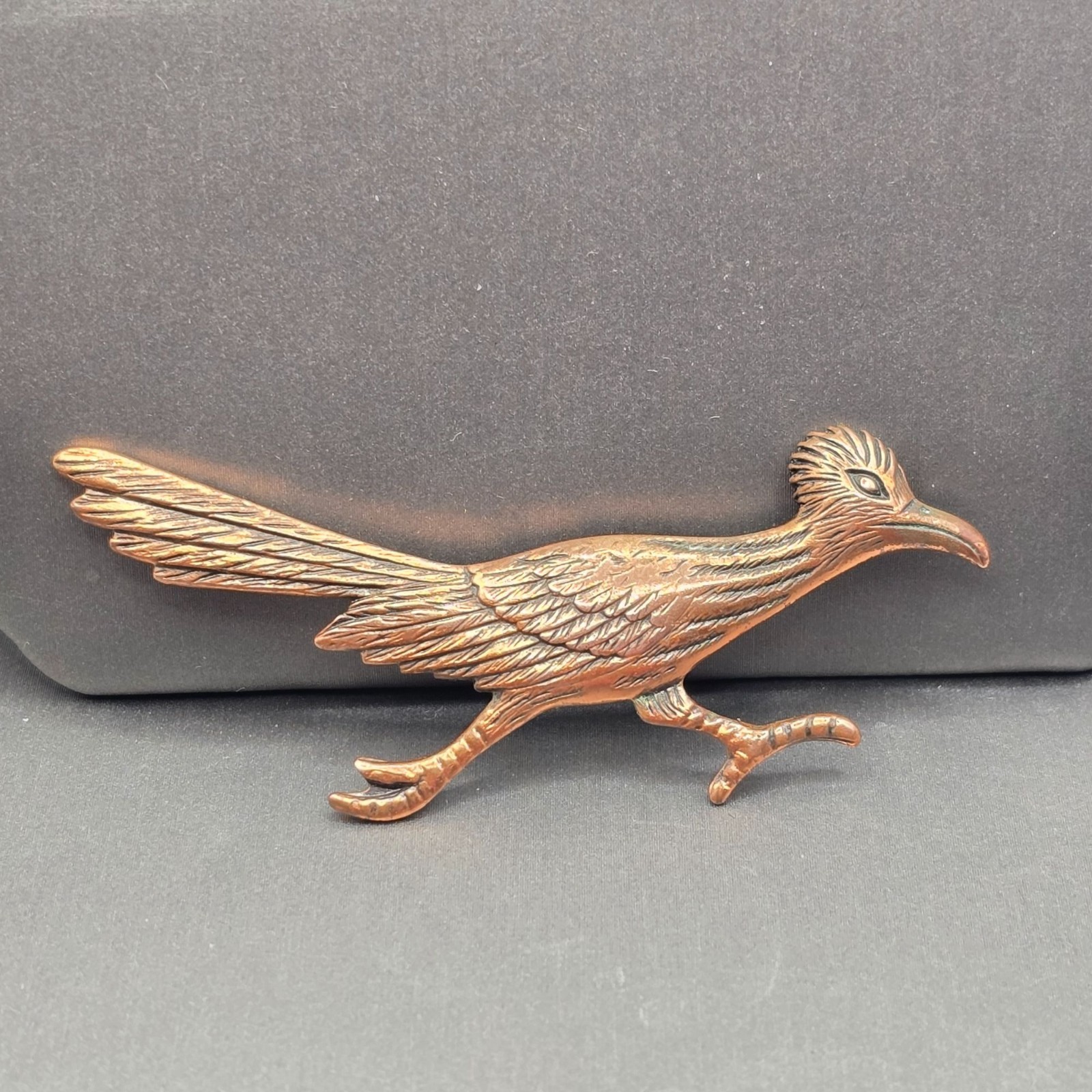 VTG Southwestern Copper Roadrunner Bird Brooch Pin 2.5″ Etched Pressed Metal 50s