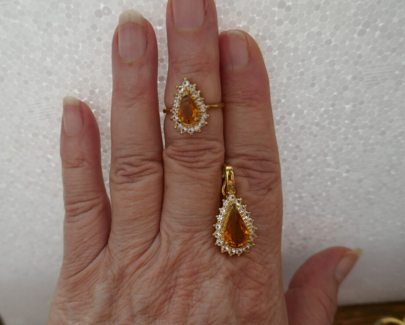VTG Lot GP Set Citrine & Clear CZ Bracelet Pendant Necklace Enhancer Brooch Ring