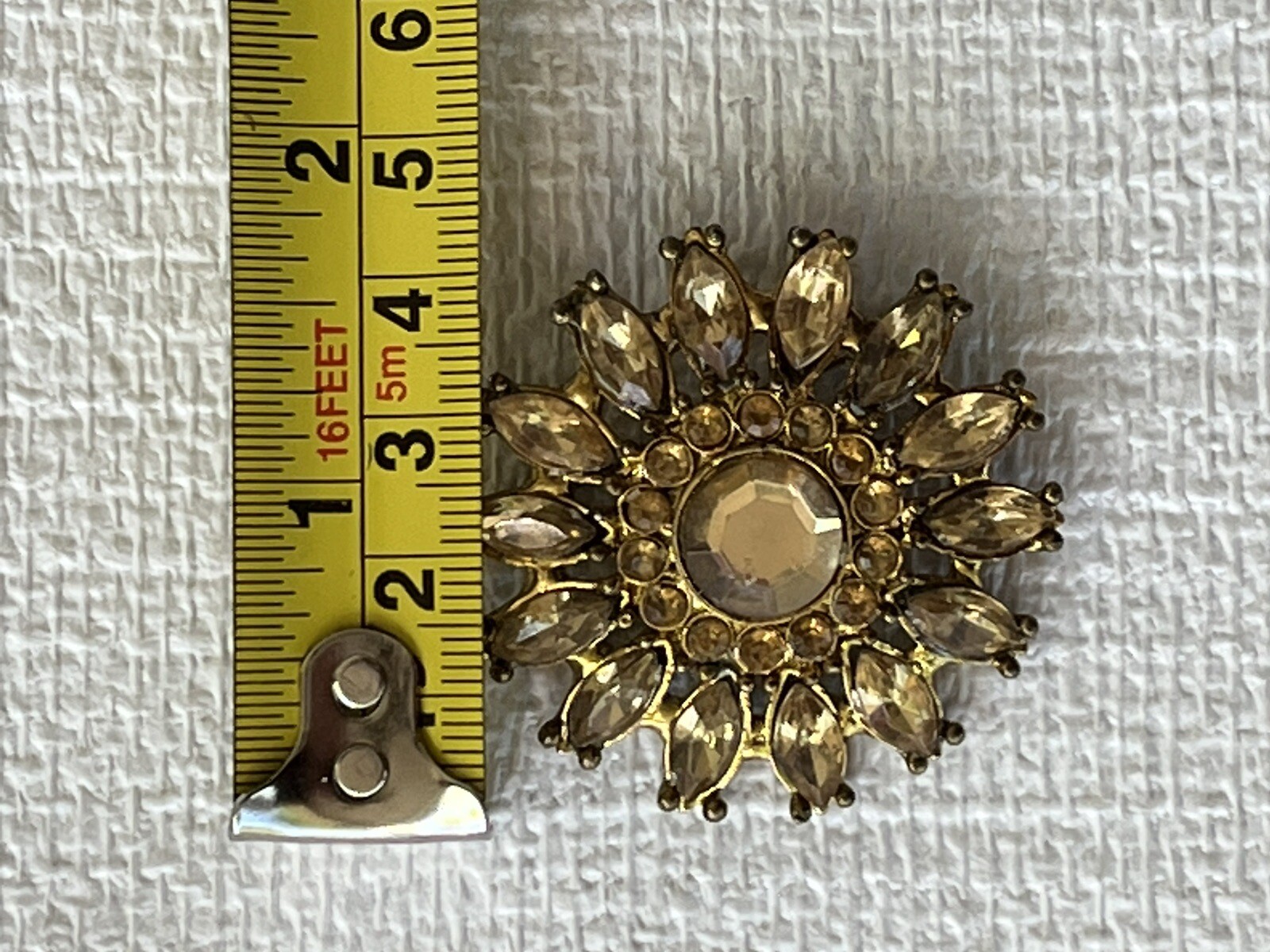 Yellow Bead Brooch Pin Faceted Acrylic Gem Flower Gold-brass Toned Backing