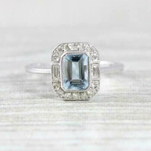 Antique Style 4.50Ct Aquamarine & Lab-Created Diamond Halo Ring Solid 925 Silver