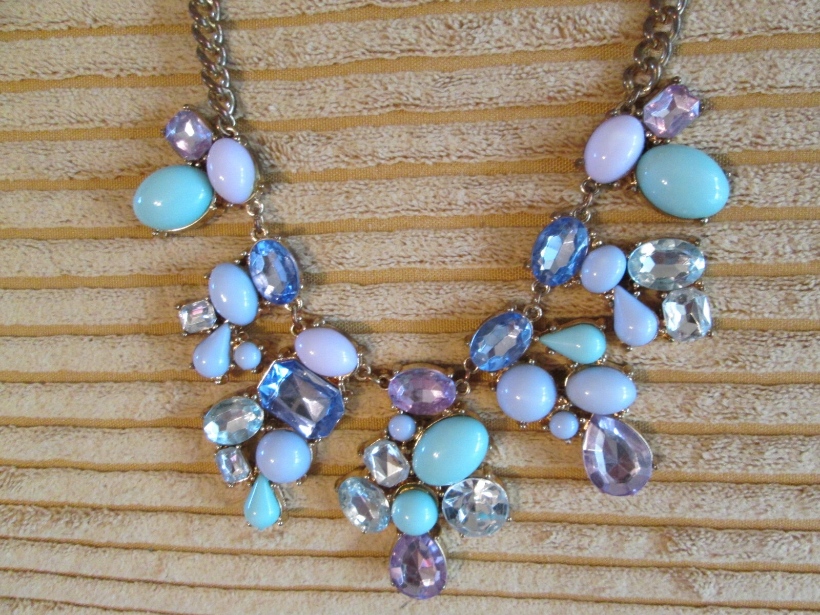 Turquoise blue pink and purple cz and lucite gold tone 20″ statement necklace