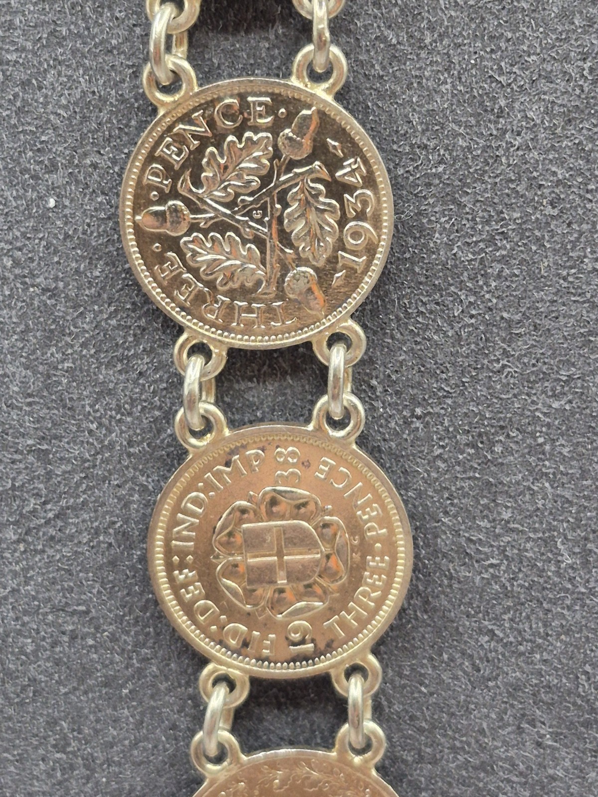 Antique Silver Coin Bracelet Chain Link Size 6.5. Gold Vermeil 1900’s To 1930’s