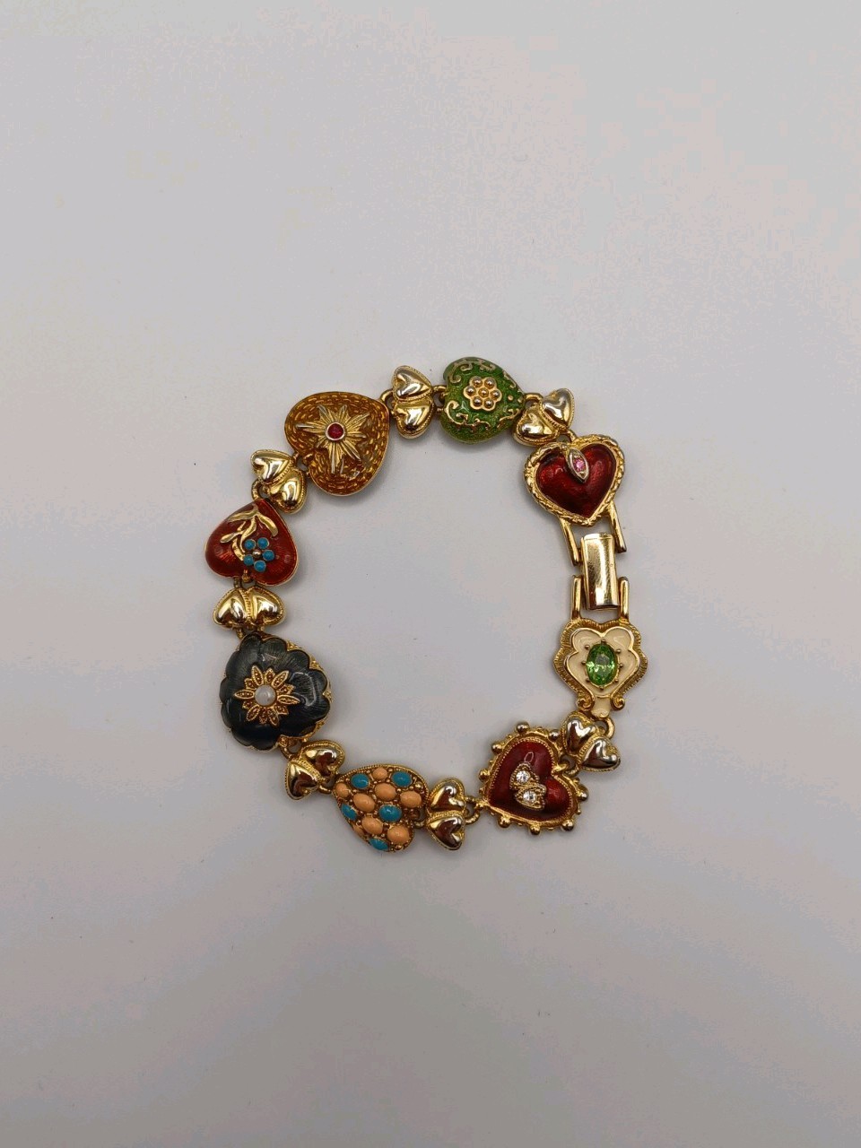 Vintage Joan Rivers Hearts & Flowers Bracelet Enamel Heart Charm Floral Signed