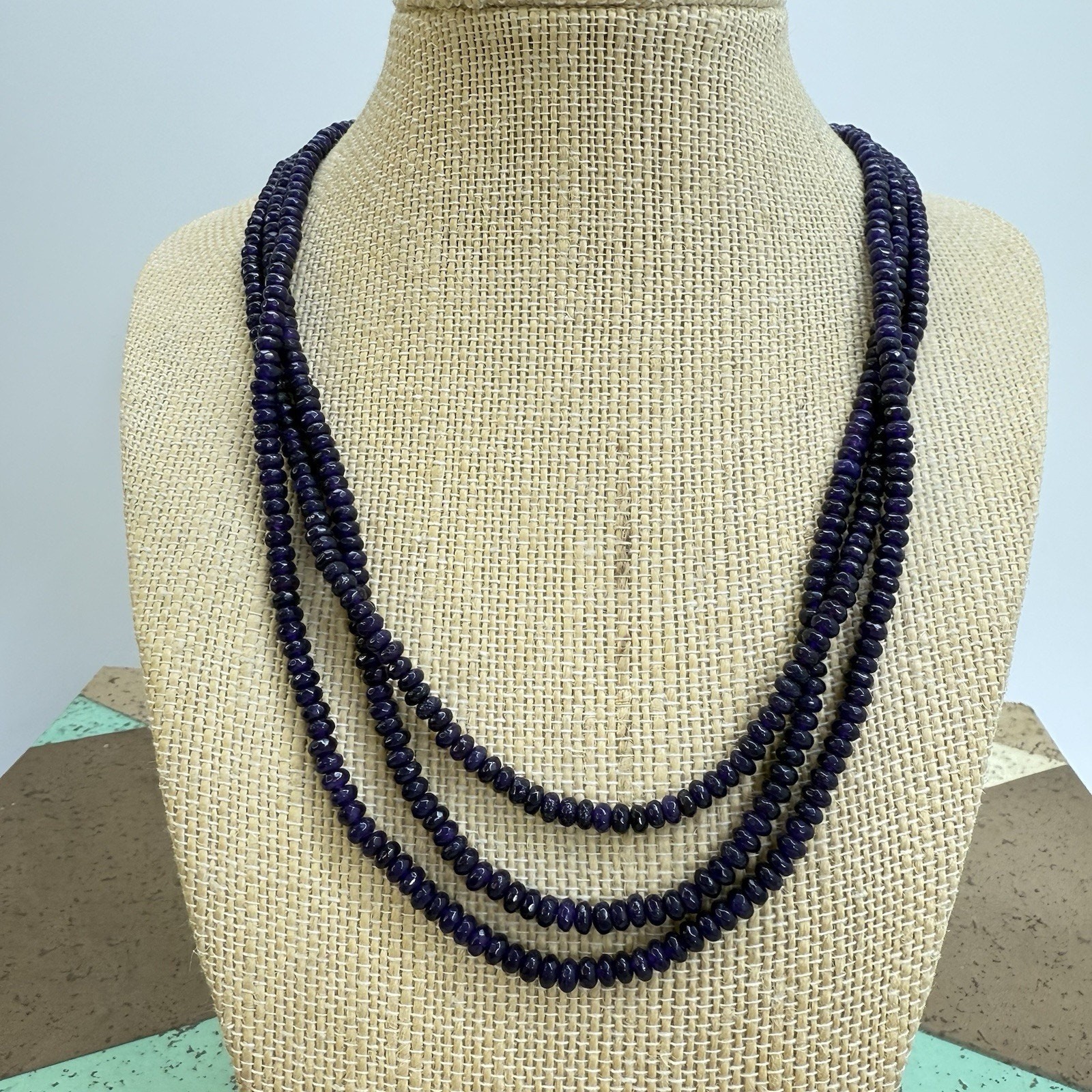 Vintage 3 Strand Purple Iolite Bead Necklace Faceted Iolite Floral Clasp