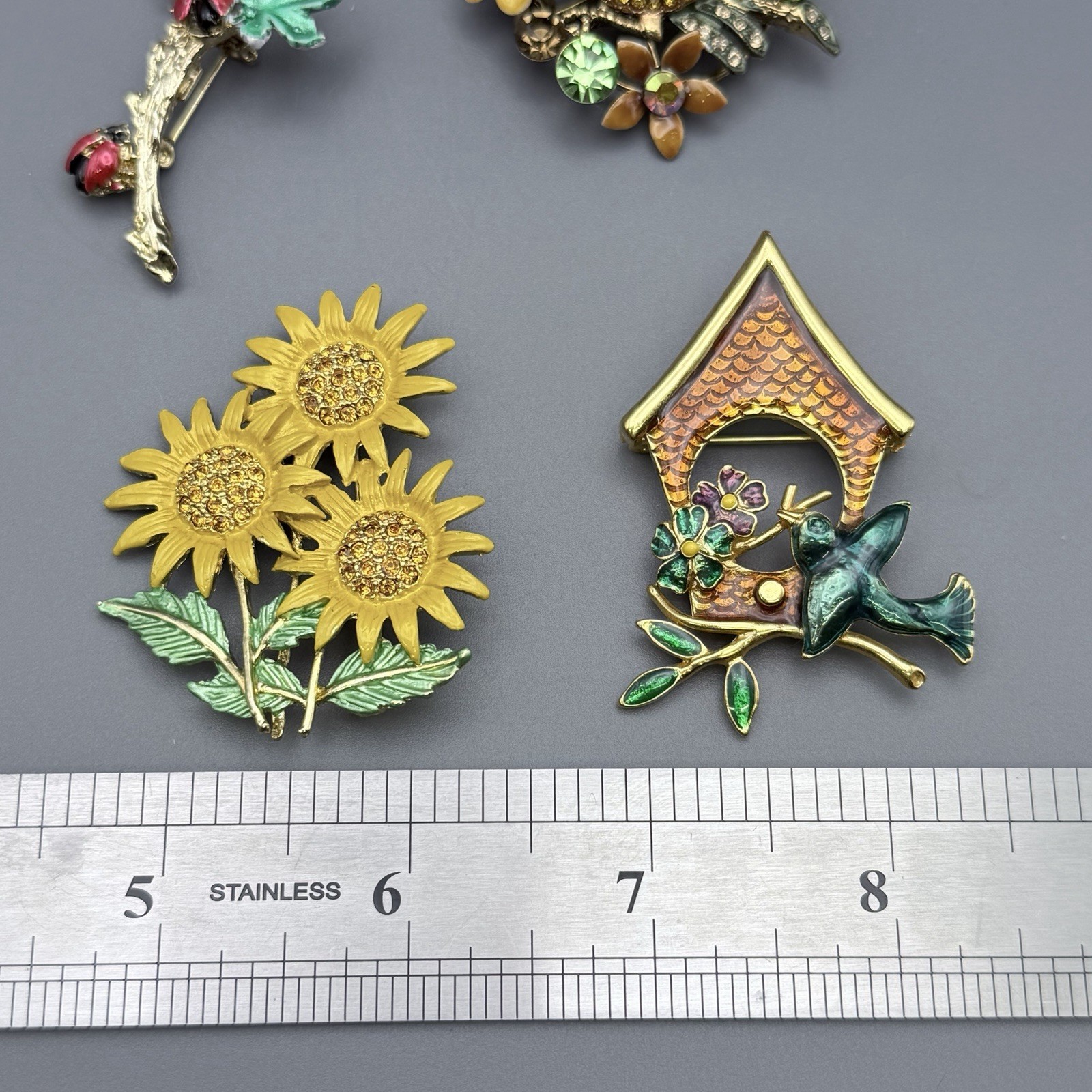 Gardening Brooch Lot Of 4 Sunflowers Birdhouse Rhinestones Enameled Gold Tone