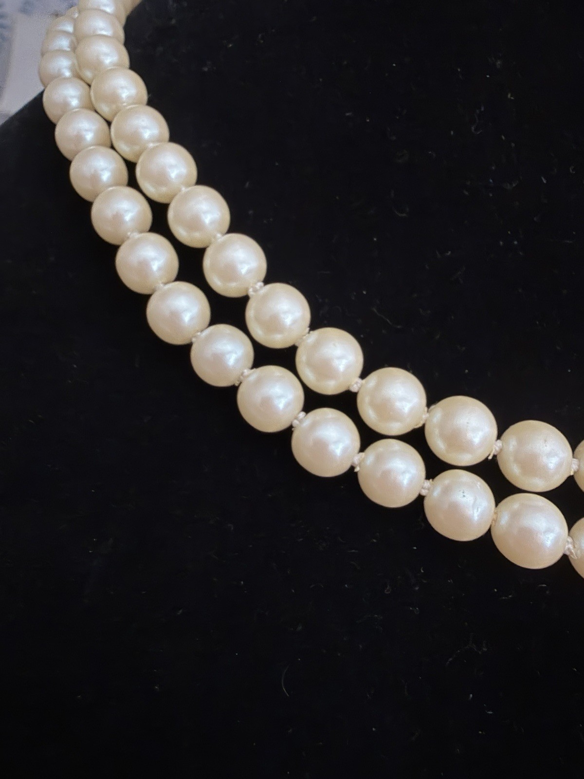 Double Strand Ivory Faux Pearl Beaded Necklace Rhinestone Floral Clasp 16in