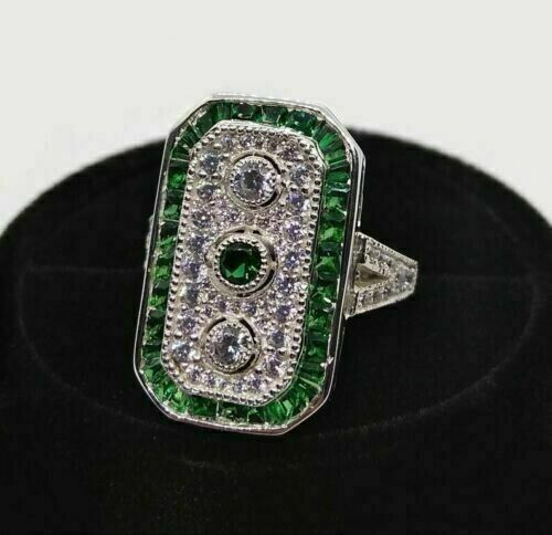 1/2 CTW Green Round Cut Simulated Diamond Art Deco Antique Style Ring 925 Silver