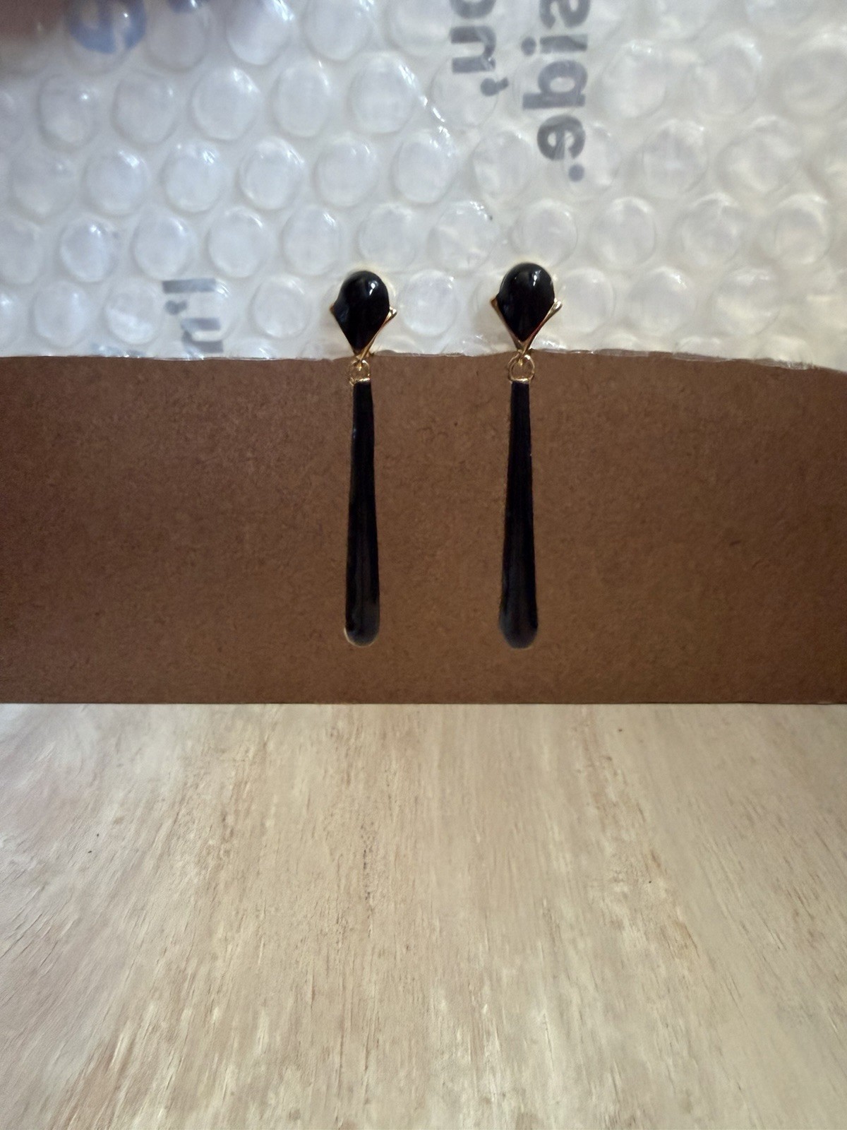 Vintage 1990s Monet Black Enamel & Gold Toned Clip On Drop Earrings