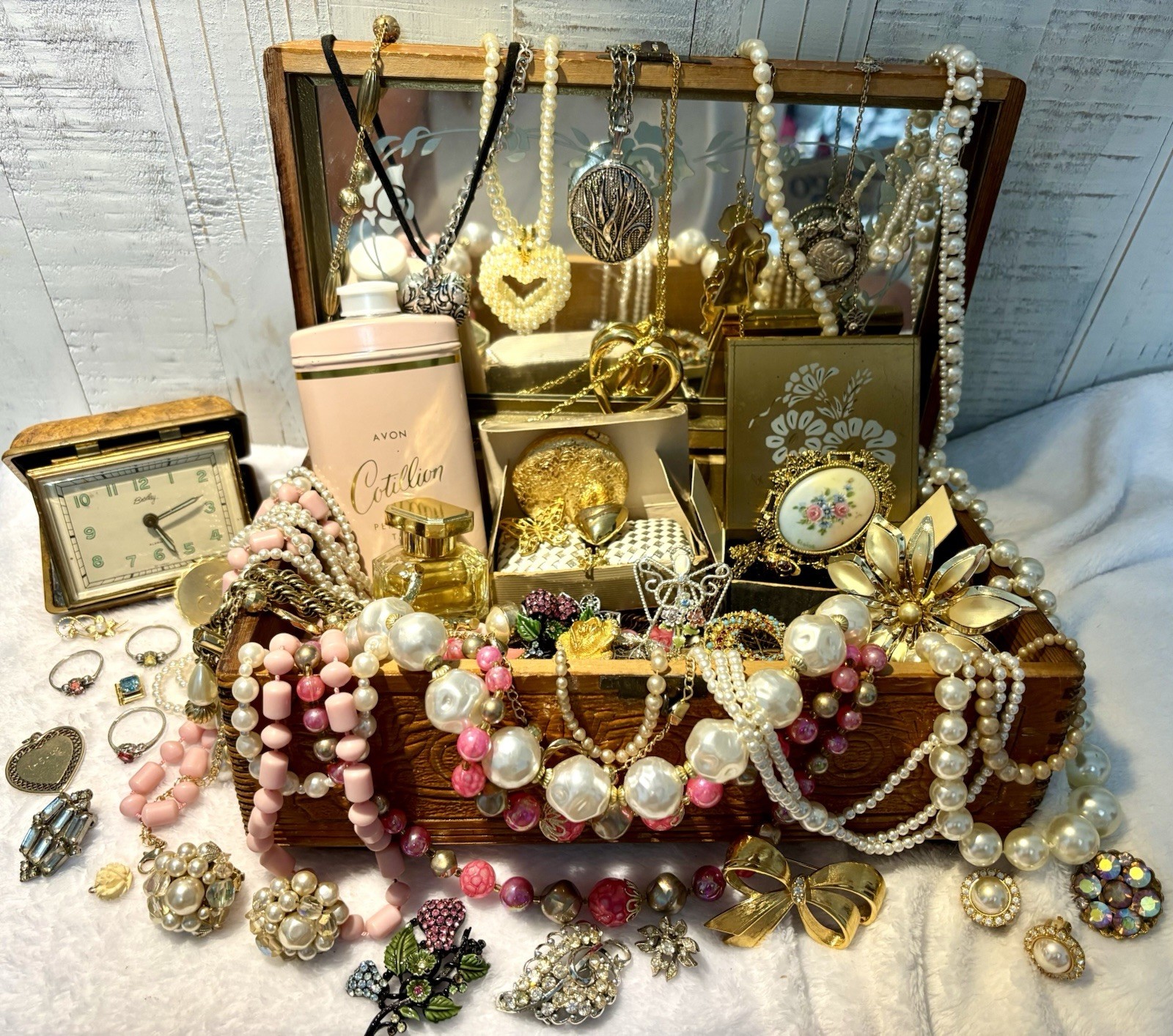 Romantic Estate Jewelry Lot Chest Sterling Gold Filled Pearls Hollycraft 1928