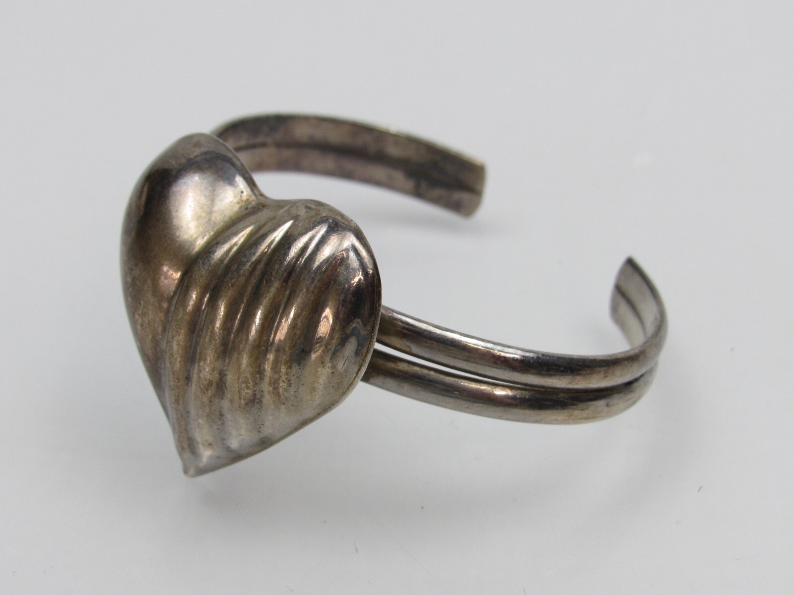 Vintage Taxco Mexico Sterling Silver Cuff Bracelet 3D Heart Puffy 925