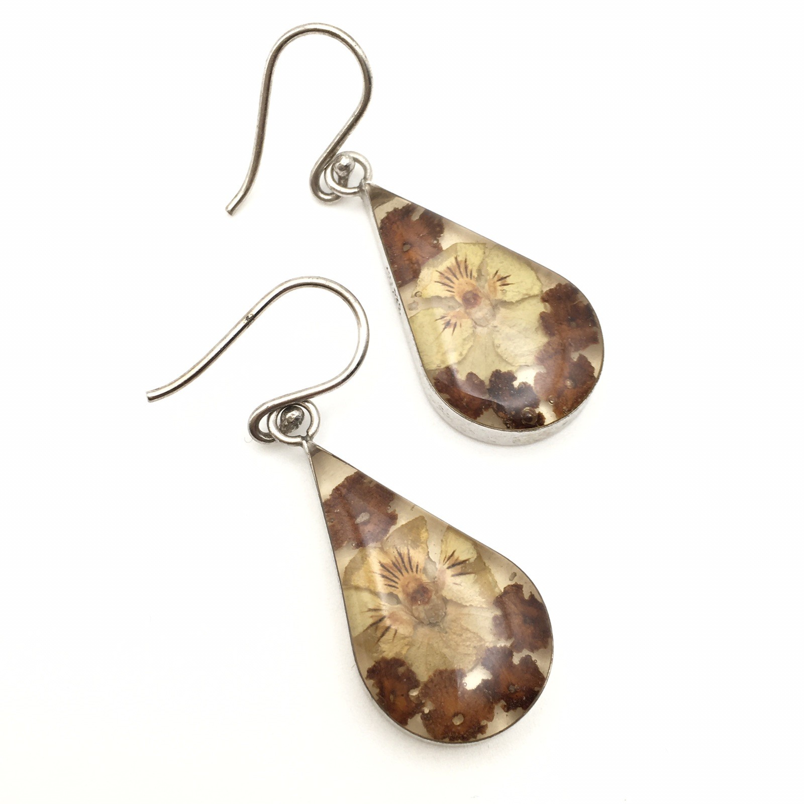 Sterling Silver ATI Dried Flower Resin Teardrop Dangle Earrings 925 Mex 4.5g #61