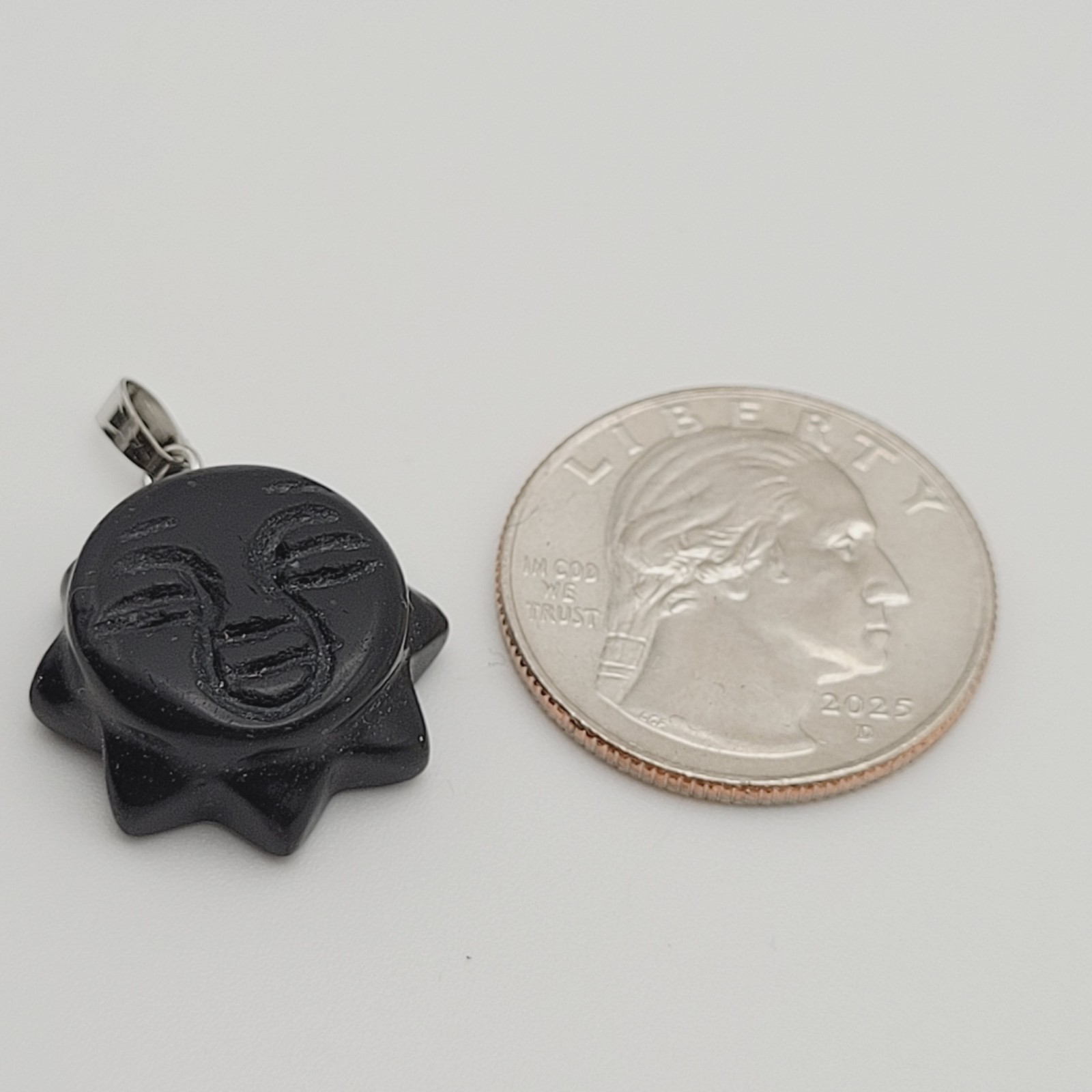 Obsidian Sun Face Black Carved Stone Silver Tone Bail Pendant Charm No Chain