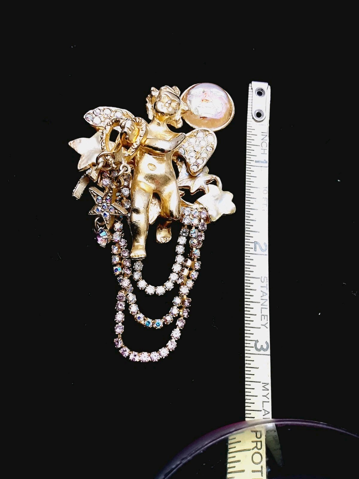 Kirks Folly Brooch Pin Seaview Angel Moon Cupid Cherub Rhinestones Gold Tone Vtg
