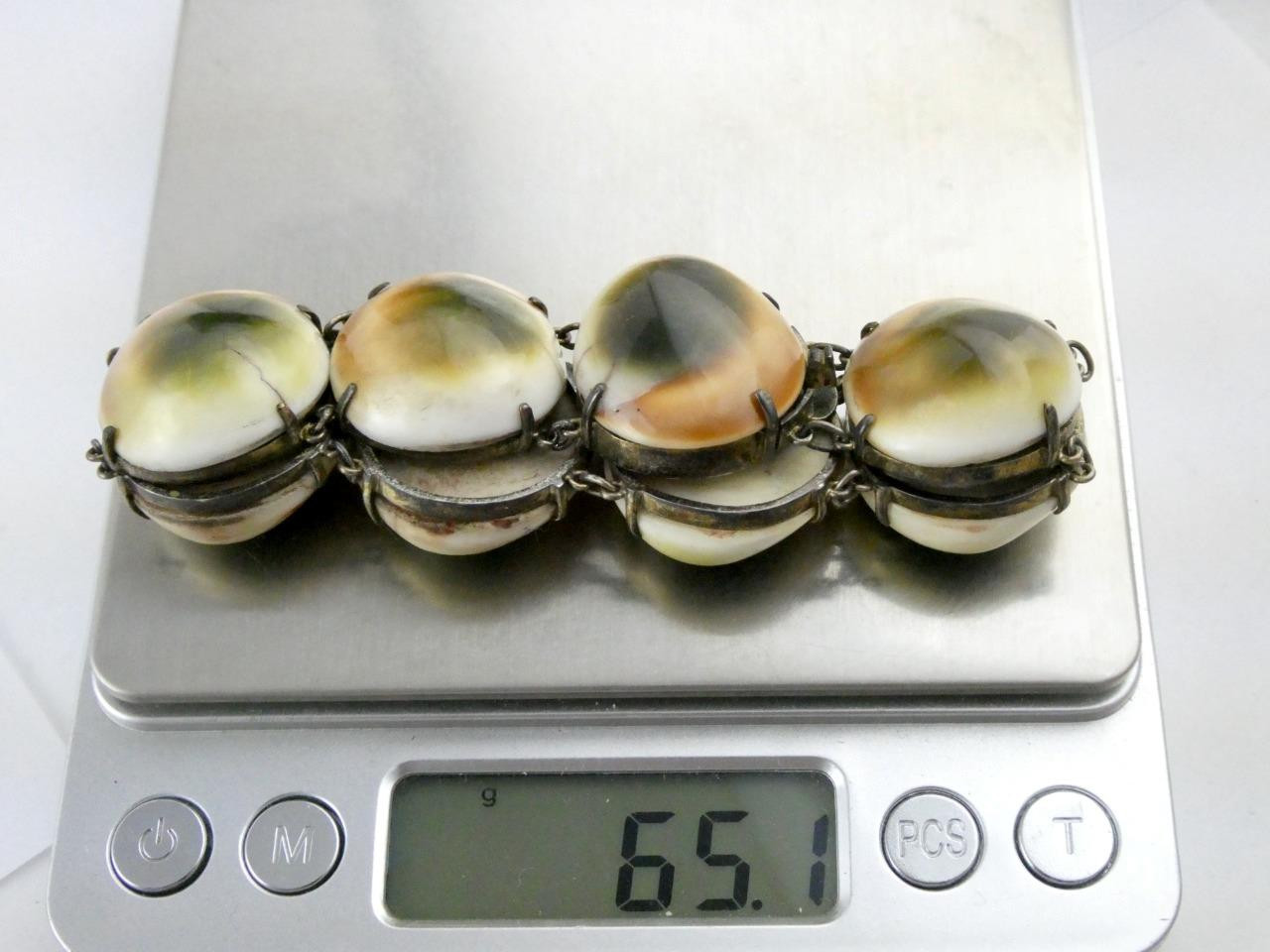 Vintage Operculum Snail Shell Panel Bracelet Unmarked Silver Toned Metal 7.25 In