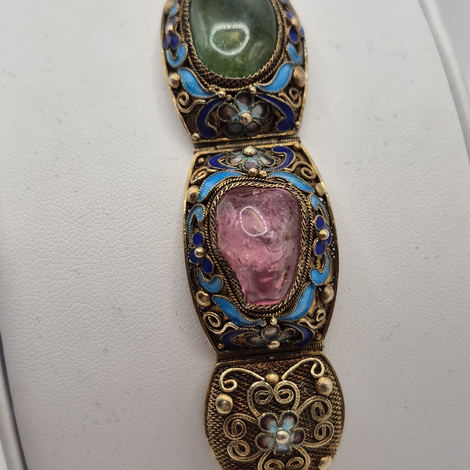 Vintage Silver W/ Gold Wash Chinese Export Tourmaline Enamel Filigree Bracelet