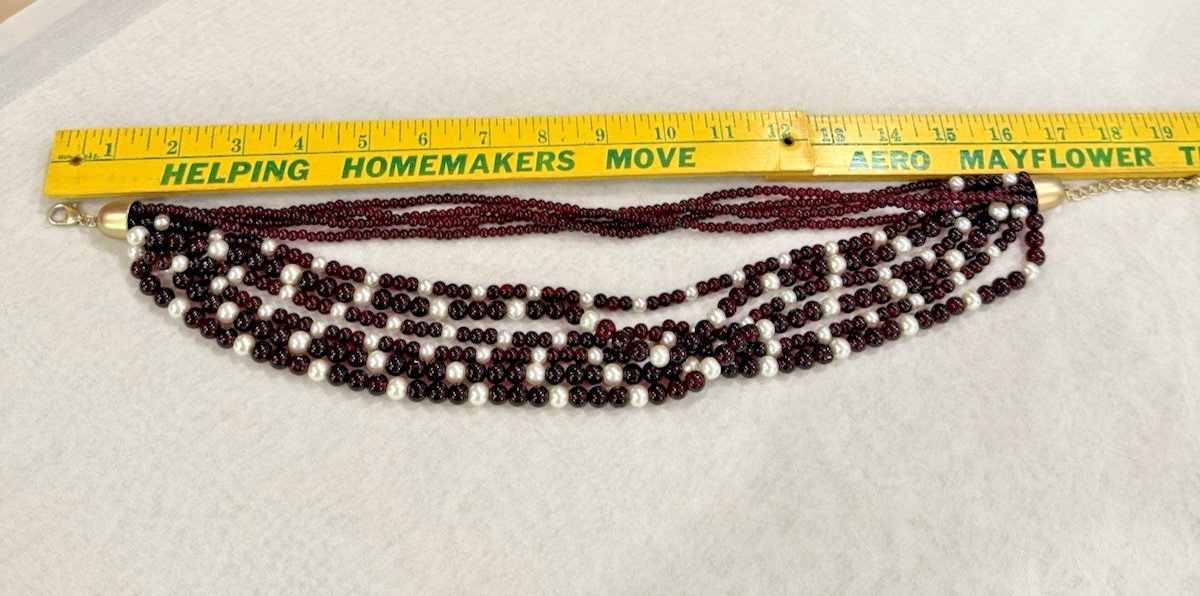 Vintage Multi-Strand Ruby Red Beaded Necklace with Faux Pearl Accents