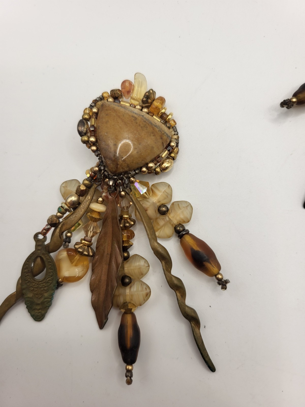 Vintage 80s Signed CHIPITA Joan Eagle Boho Dangle Earrings Jasper Beaded Fringe