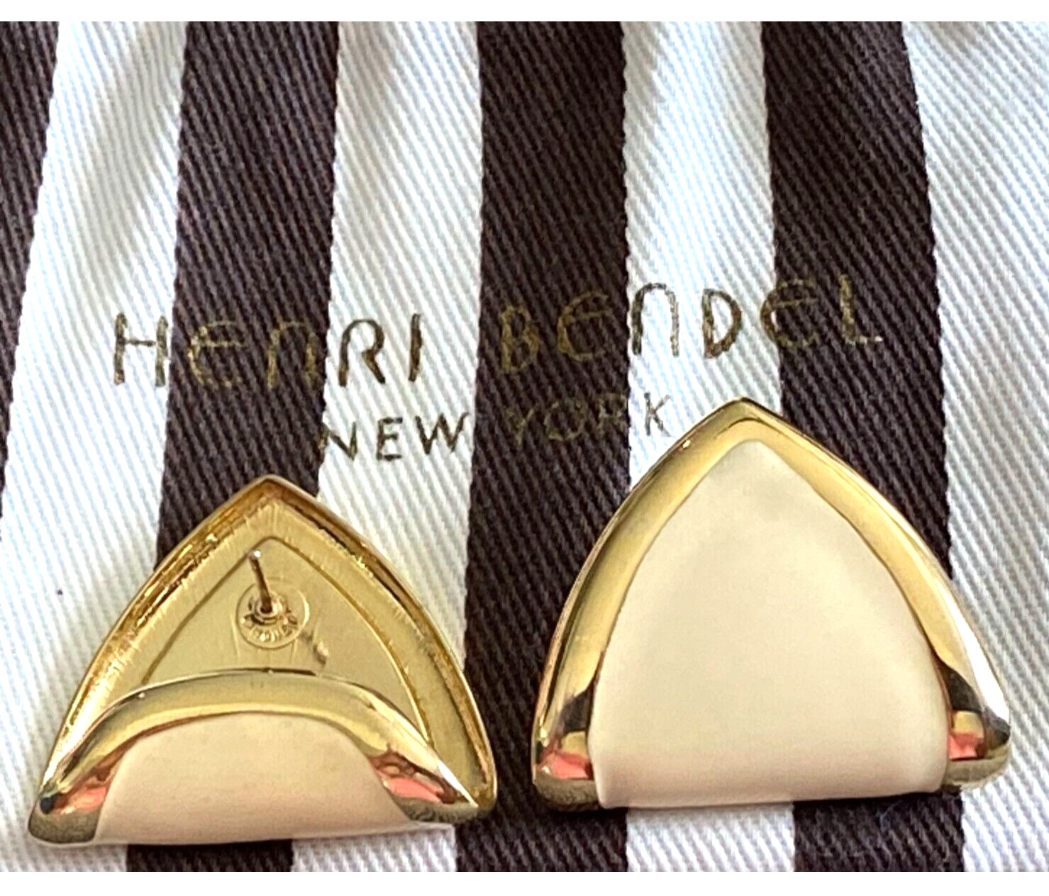 Vintage Monet Gold Tone & Cream Enamel Huggie Earrings from Henri Bendel w/ Bag