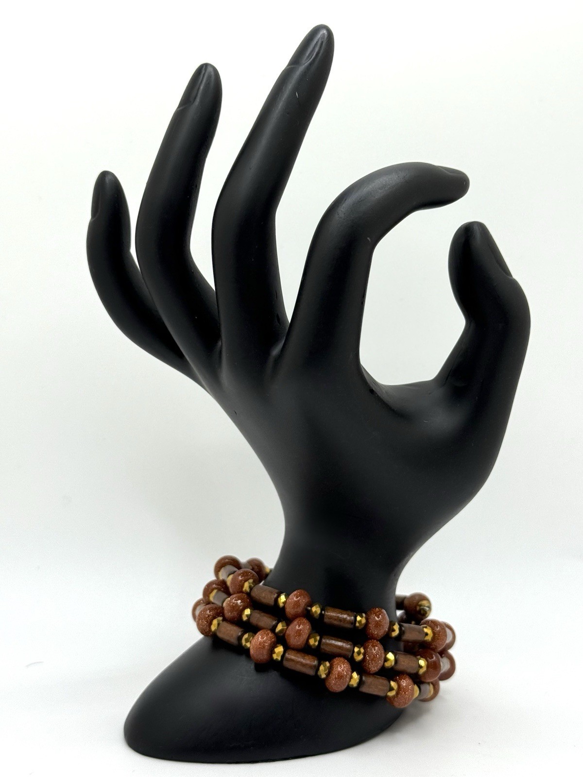 Vintage Bracelet Wood Goldstone Gemstone Wired Wrap Multi-strand Bohemian Boho