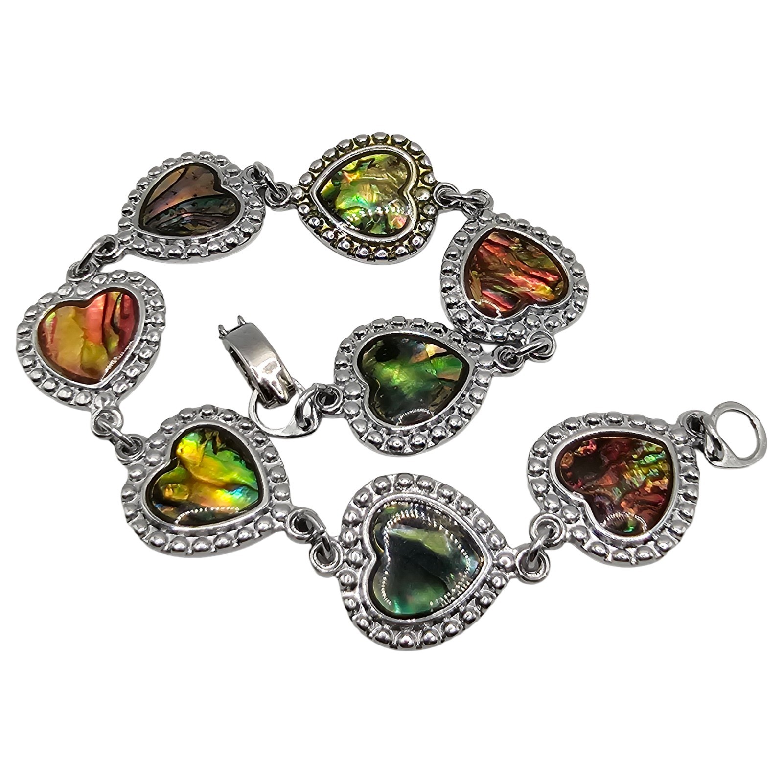Vintage Abalone Paua Shell Heart Link Bracelet Silver Tone Iridescent Boho MOP