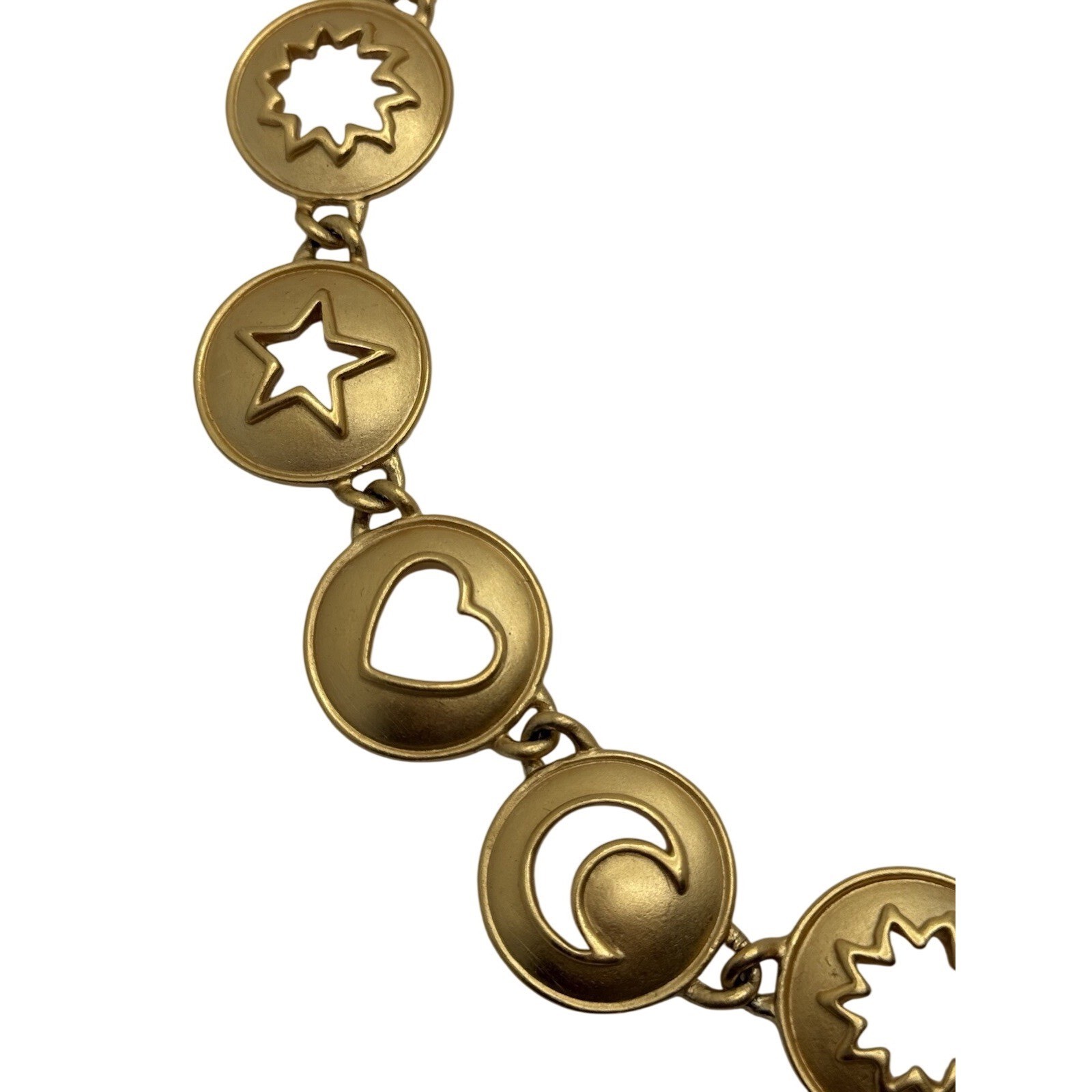 Vintage Anne Klein Necklace Matte Gold Tone Heart Star Moon Cut Out Round Link