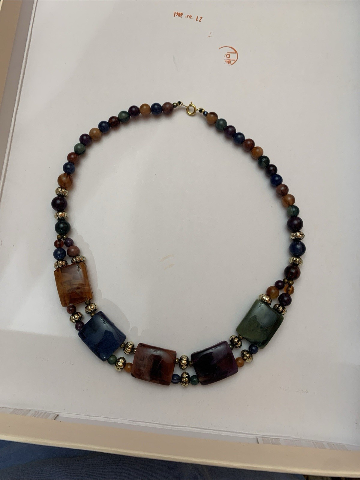 Vintage Multicolor Acrylic Chunky Faux Stone Choke Gold Tone Beaded Necklace 19″
