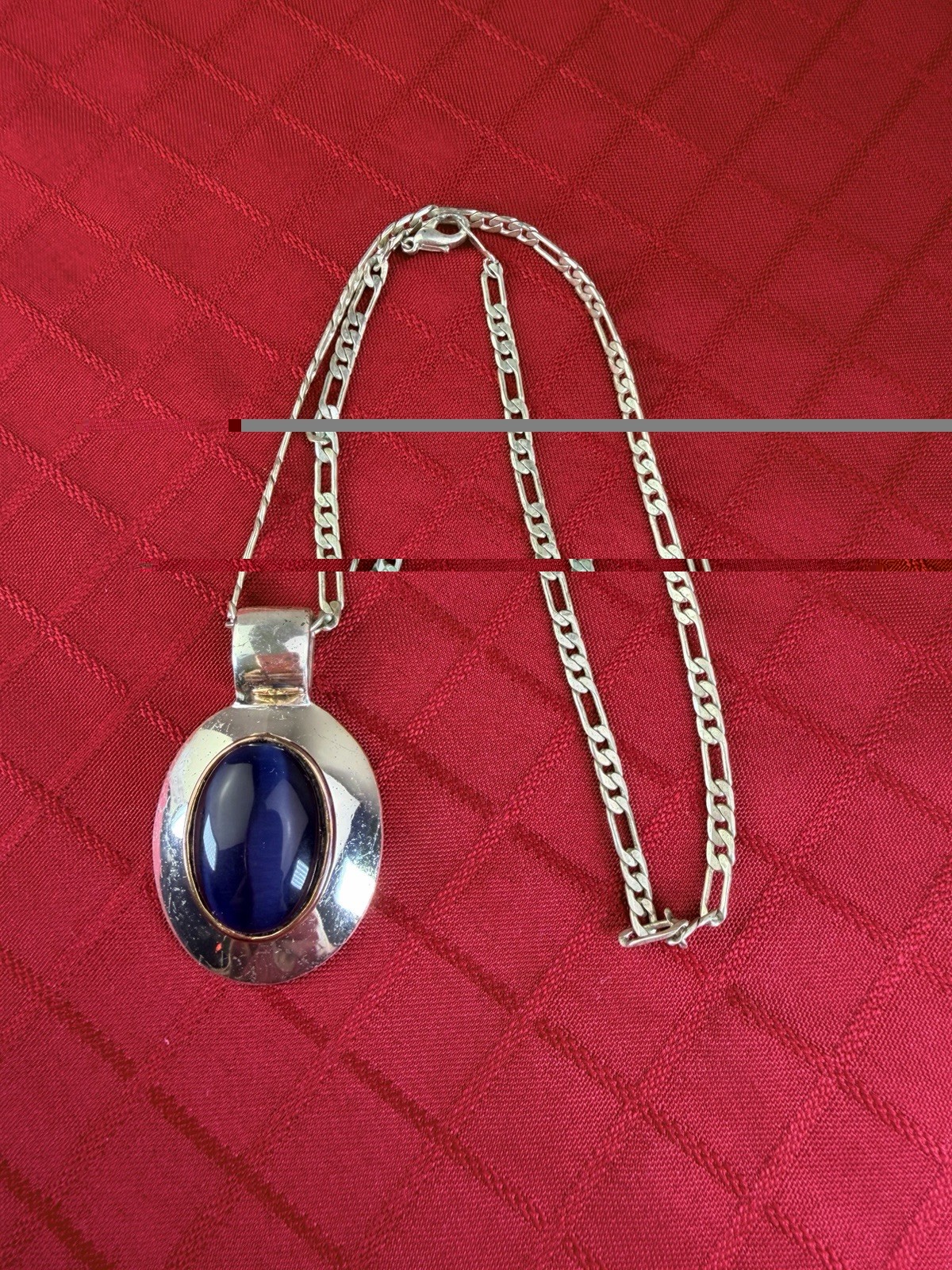 Vtg Silver Tone Blue Cabochon Pendant Necklace Modernist Figaro Chain 18” MCM