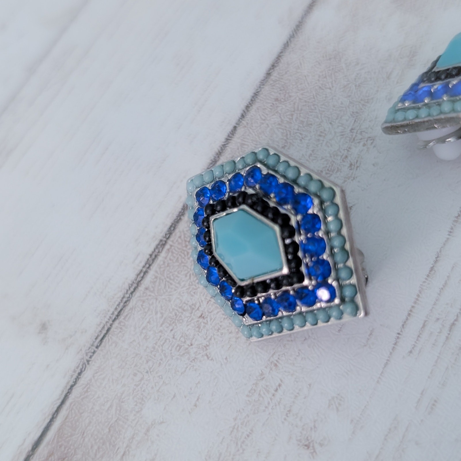 Vintage Clip On Earrings – Large Statement Blue & Turquoise Tones 1 & 1/8″