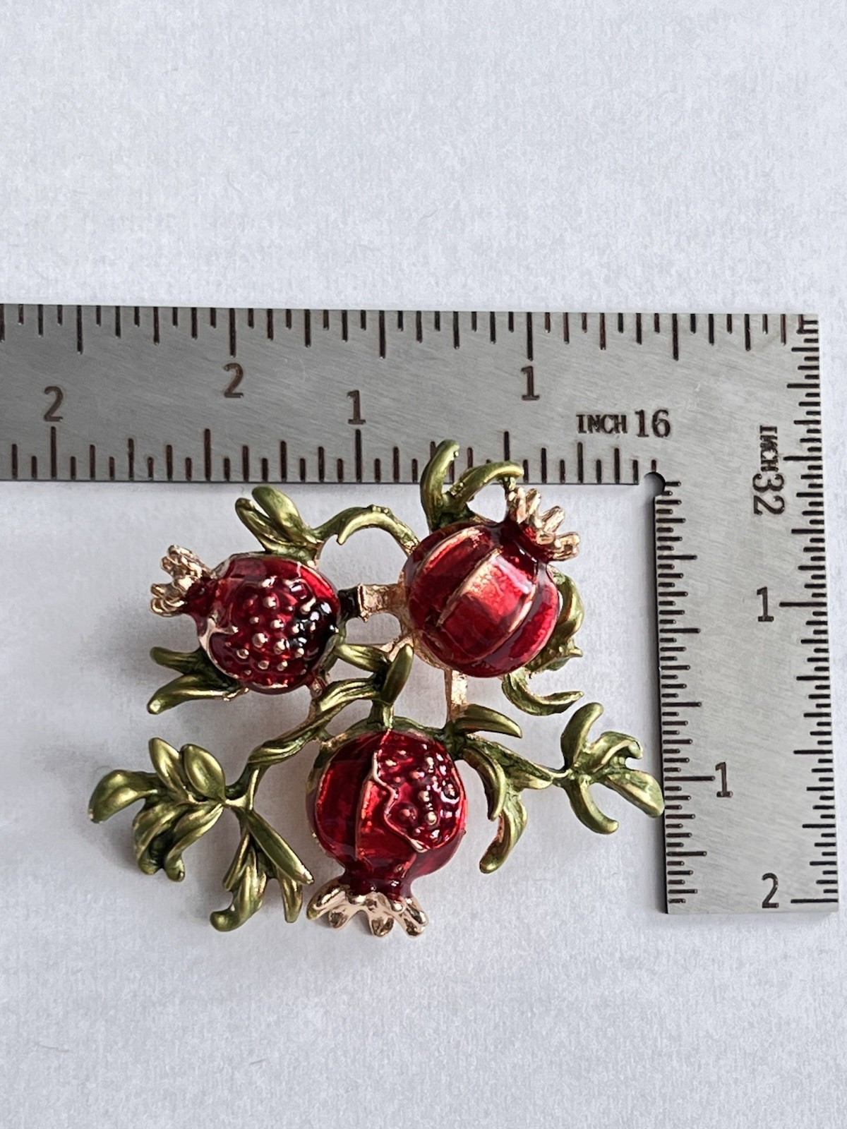 Pomegranate Branch Brooch Pin Red Enamel Fruit & Green Leaf Gold Tone