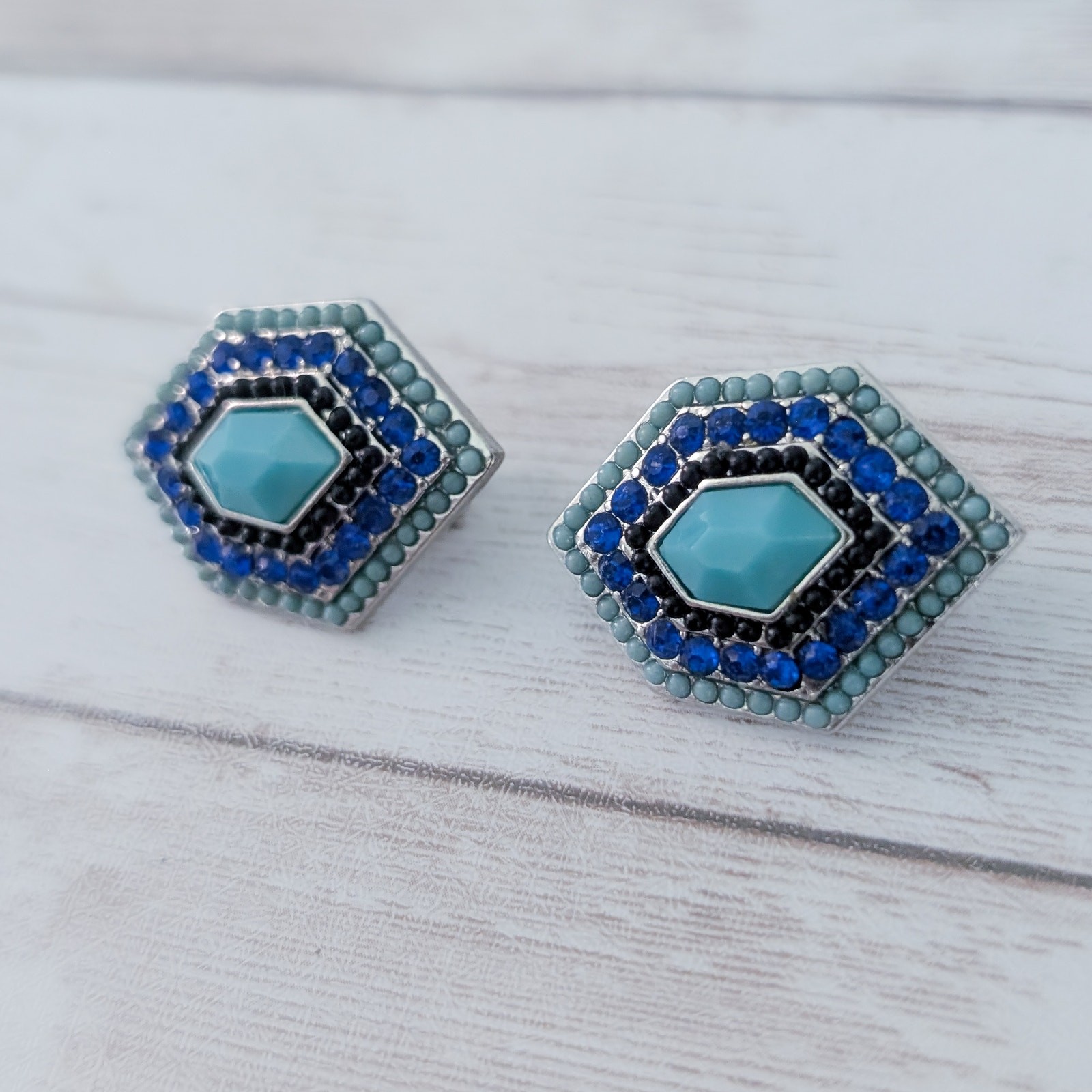 Vintage Clip On Earrings – Large Statement Blue & Turquoise Tones 1 & 1/8″