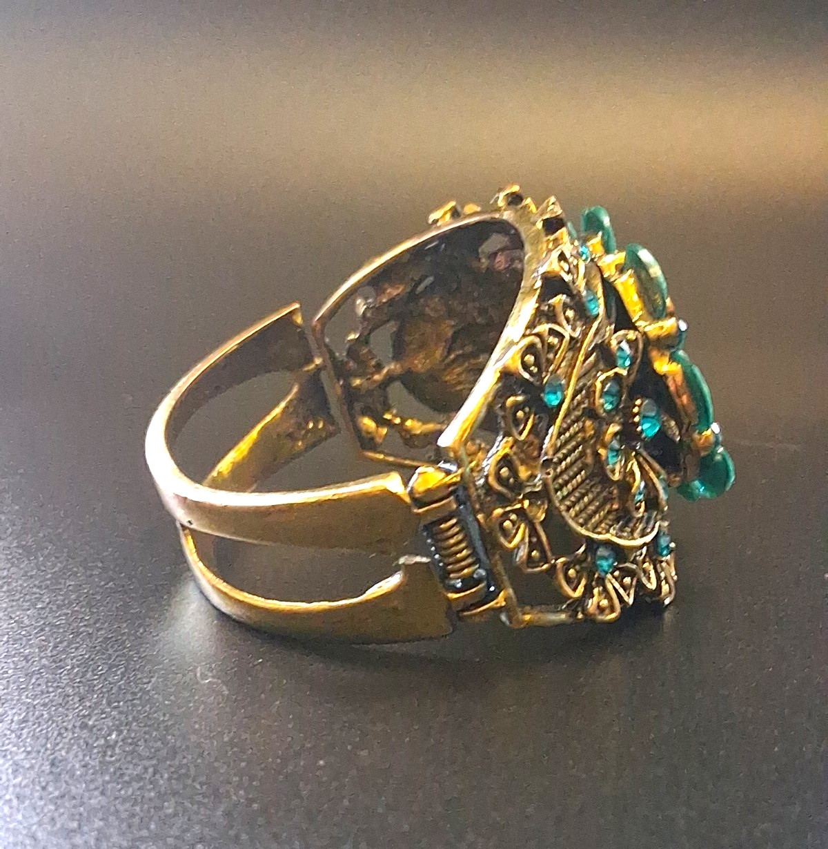 Victorian Style Filigree Cuff Bracelet Wide Blue Rhinestone Faux Turquoise