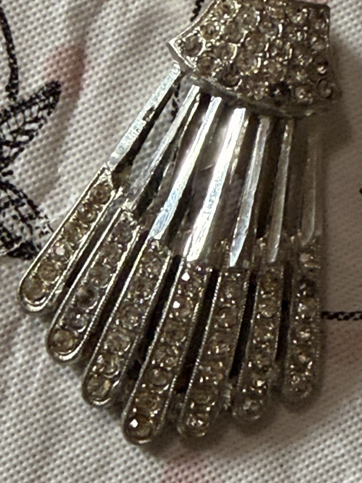 Vintage Fan Dress Clip Silver Tone Metal with Clear Round Rhinestones