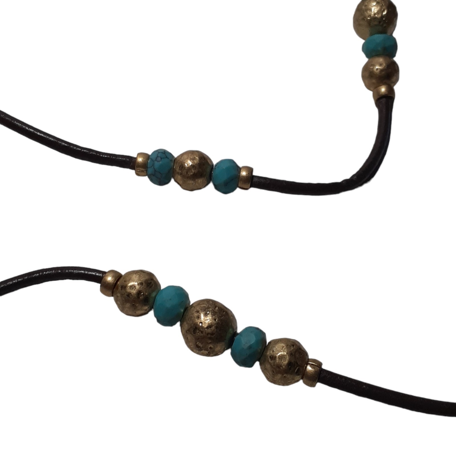 Artisan Leather Cord Necklace Hammered Metal Beads Blue Mixed Materials 32″